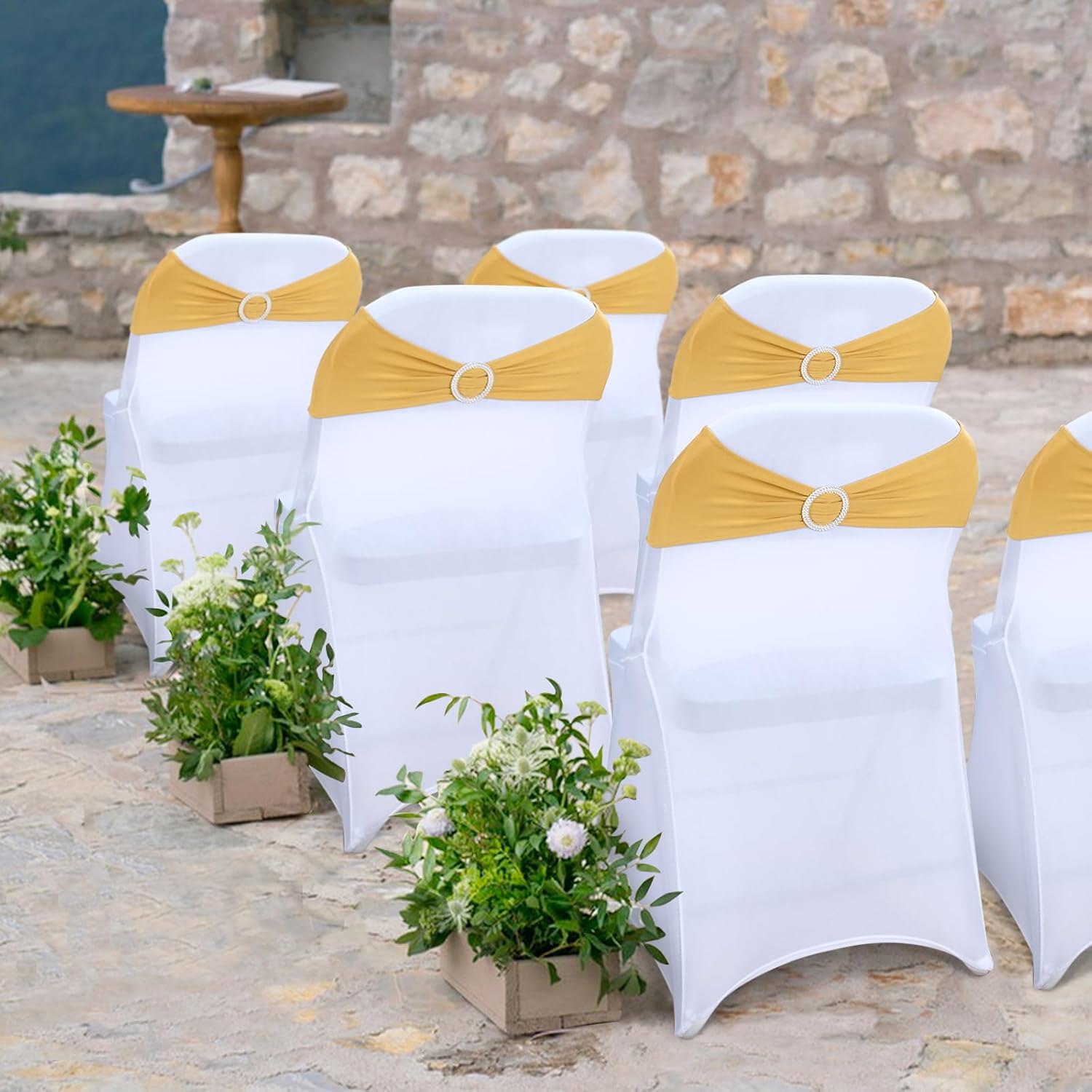 Gold Spandex Chair Sashes - 30pc Premium Stretch Chair Bows with Sliders for Wedding Party Banquet Decoration - Image 2