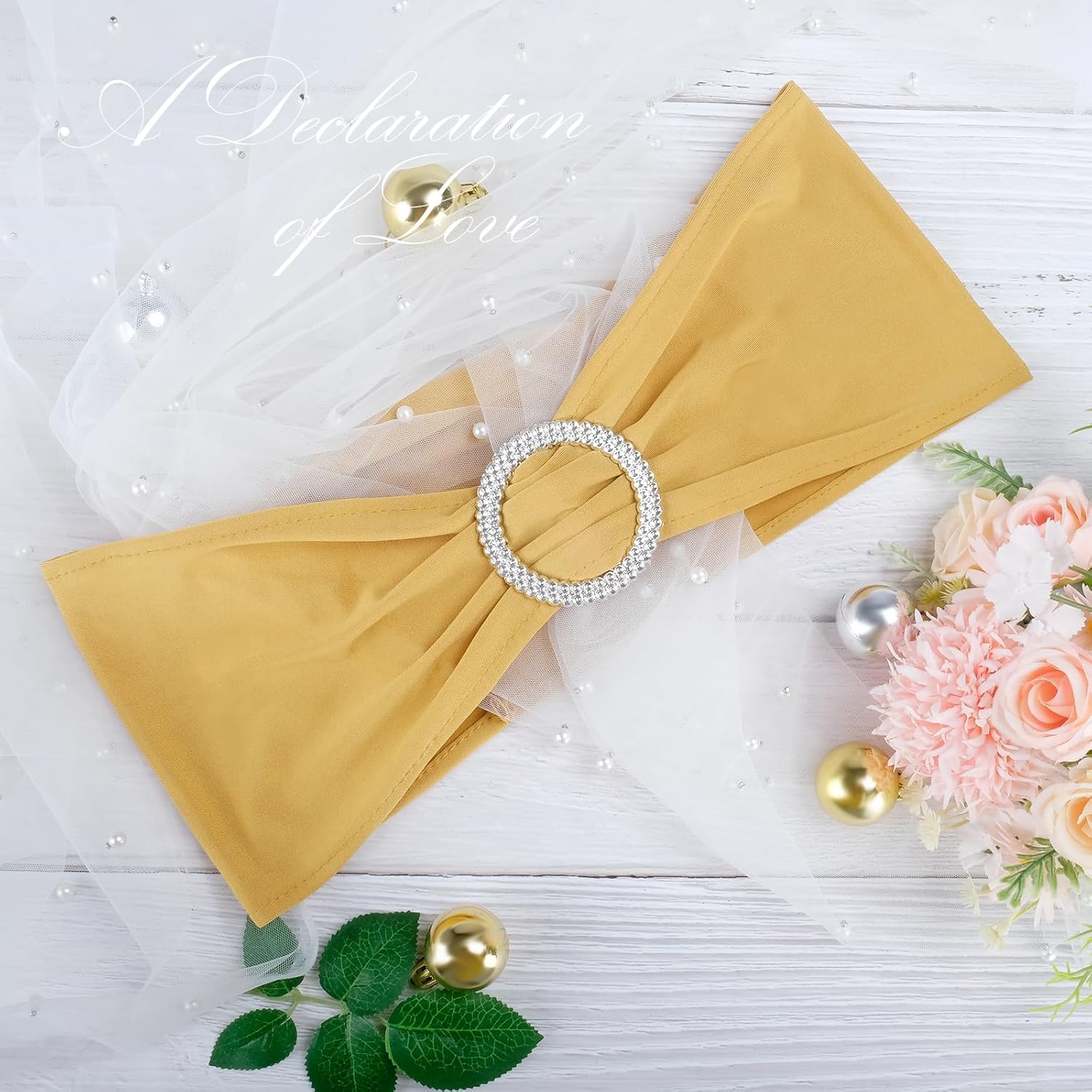 Gold Spandex Chair Sashes - 30pc Premium Stretch Chair Bows with Sliders for Wedding Party Banquet Decoration - Image 3