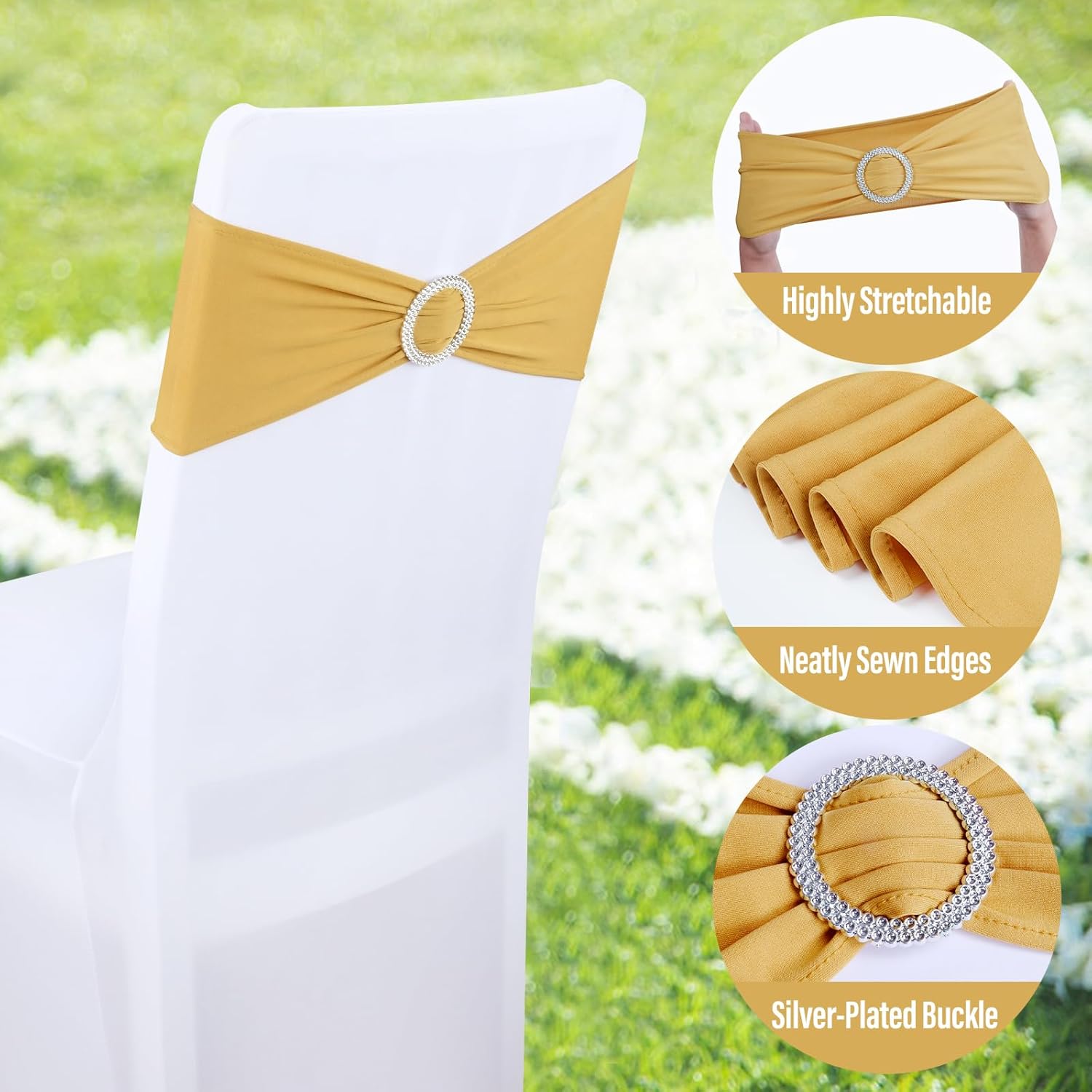 Gold Spandex Chair Sashes - 30pc Premium Stretch Chair Bows with Sliders for Wedding Party Banquet Decoration - Image 6