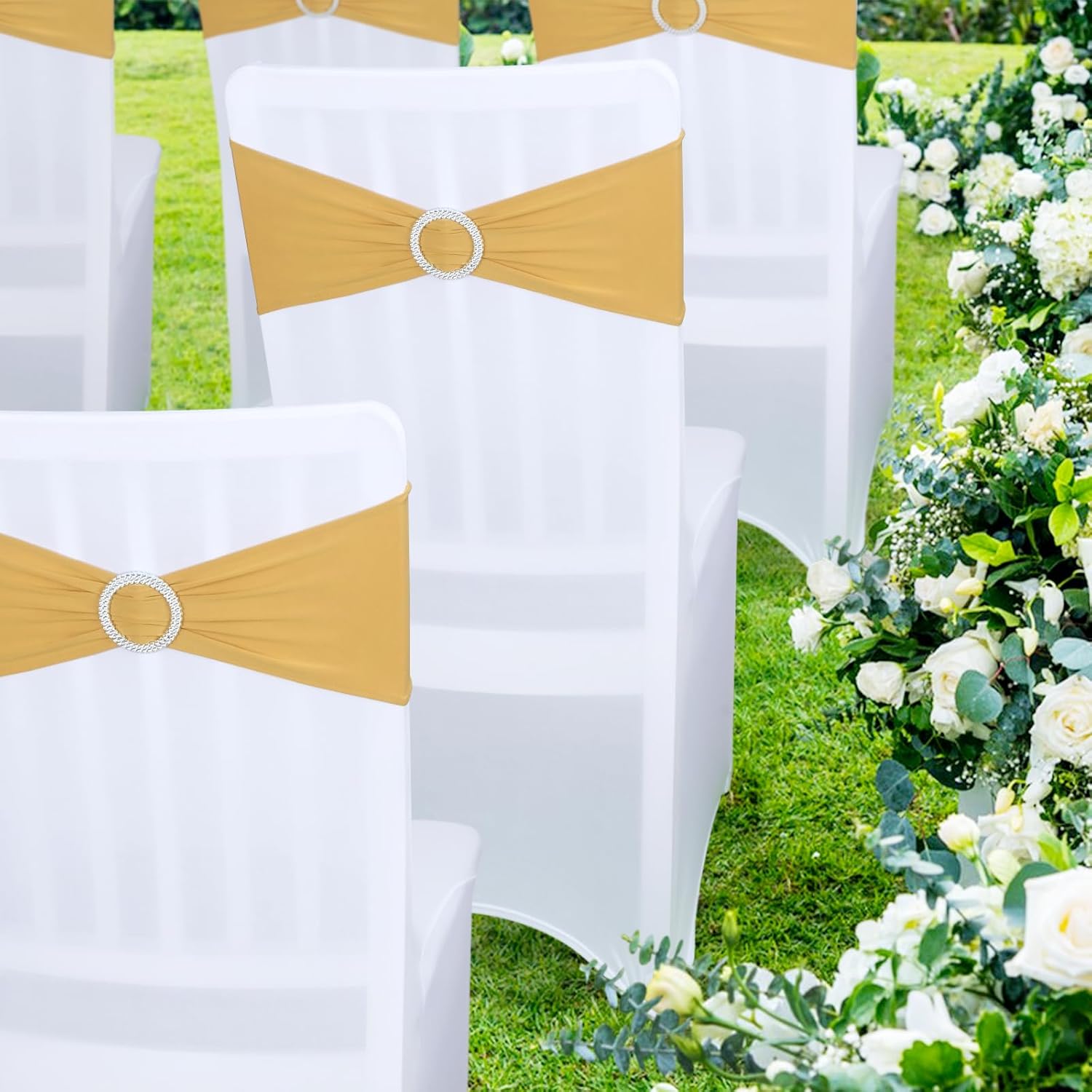 Gold Spandex Chair Sashes - 30pc Premium Stretch Chair Bows with Sliders for Wedding Party Banquet Decoration - Image 7
