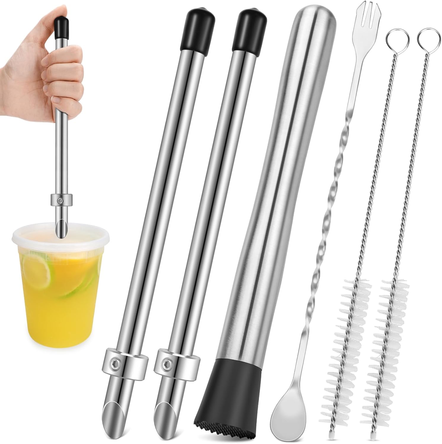 6 Pcs Straw Puncher and Muddler for Plastic Lids Lemonade Cups, Stainless Steel Muddler and Mixing Spoon-Straw Hole Puncher for Drink, Fresh Squeezed Lemonade Stand Supplies - Image 1