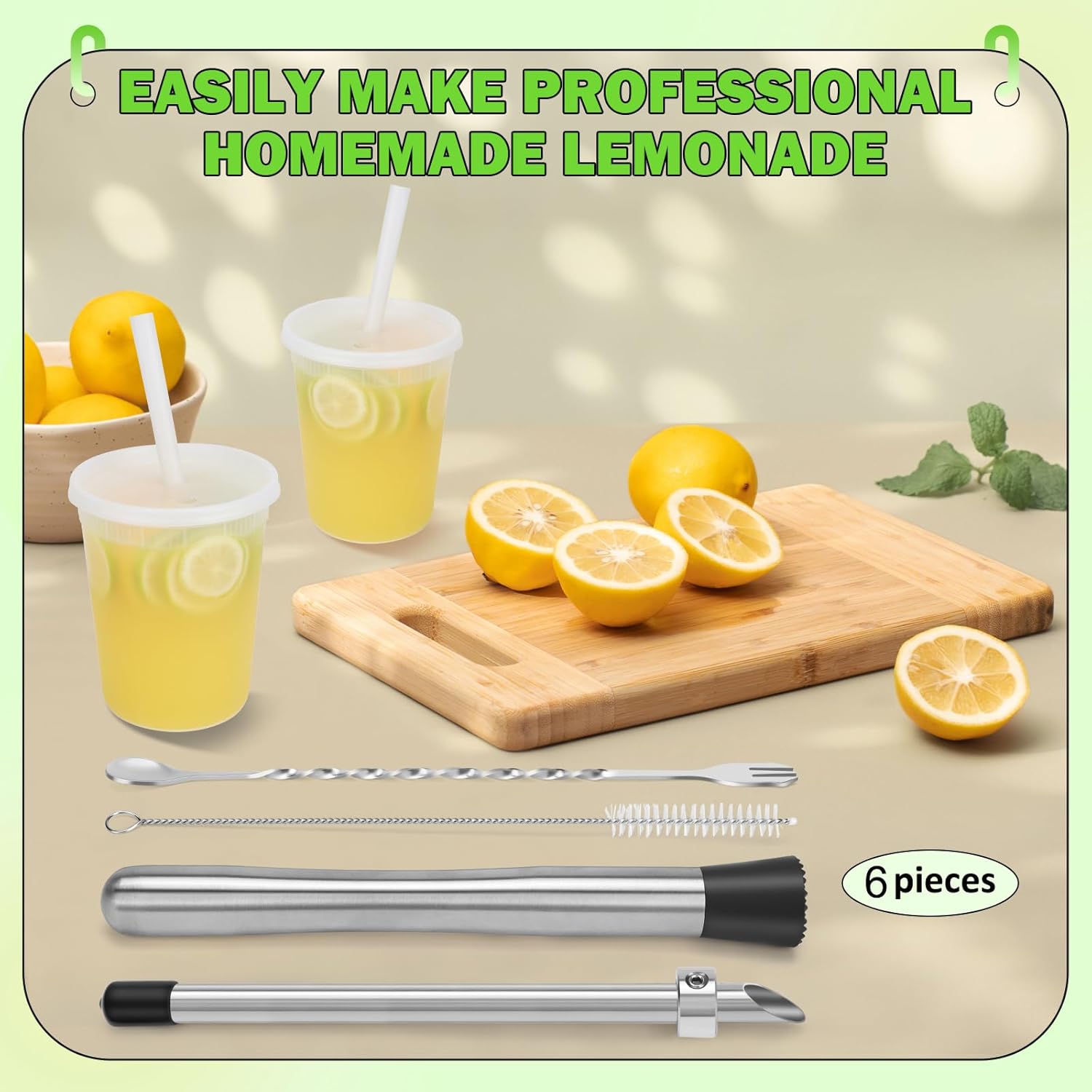 6 Pcs Straw Puncher and Muddler for Plastic Lids Lemonade Cups, Stainless Steel Muddler and Mixing Spoon-Straw Hole Puncher for Drink, Fresh Squeezed Lemonade Stand Supplies - Image 5