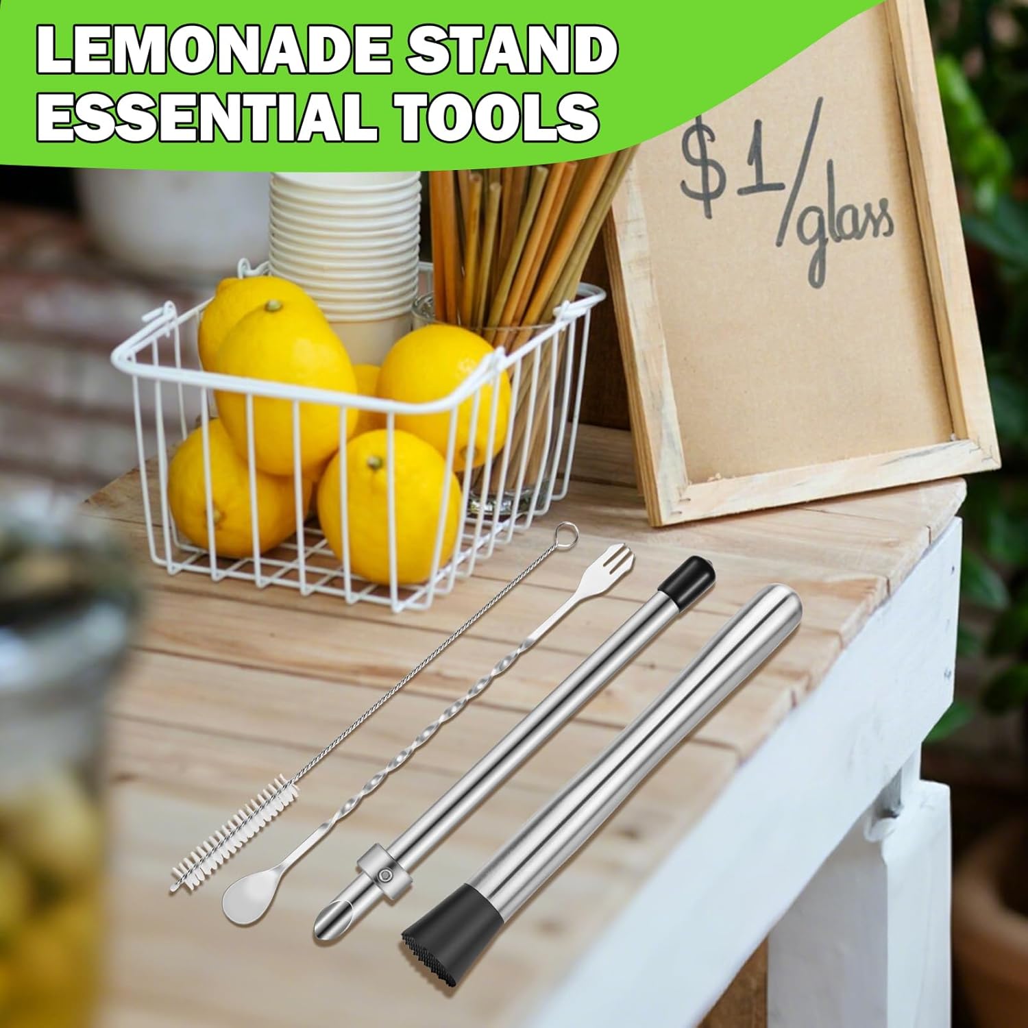 6 Pcs Straw Puncher and Muddler for Plastic Lids Lemonade Cups, Stainless Steel Muddler and Mixing Spoon-Straw Hole Puncher for Drink, Fresh Squeezed Lemonade Stand Supplies - Image 6