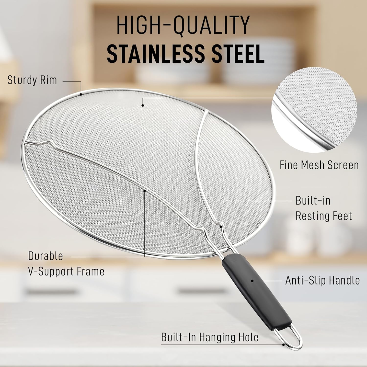 Splatter Screen for Frying Pan (13”) - Grease Splatter Guard for Frying Pan - Oil Splatter Guard - Oil Splash Guard for Frying Pan - Stainless Steel Grease Screen for Stove Top (Black) - Image 2