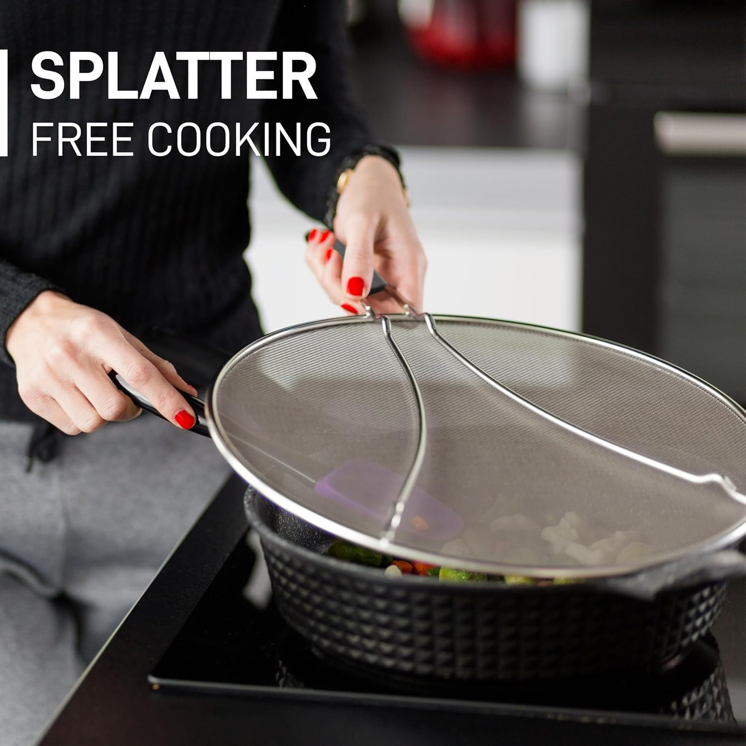 Splatter Screen for Frying Pan (13”) - Grease Splatter Guard for Frying Pan - Oil Splatter Guard - Oil Splash Guard for Frying Pan - Stainless Steel Grease Screen for Stove Top (Black) - Image 6