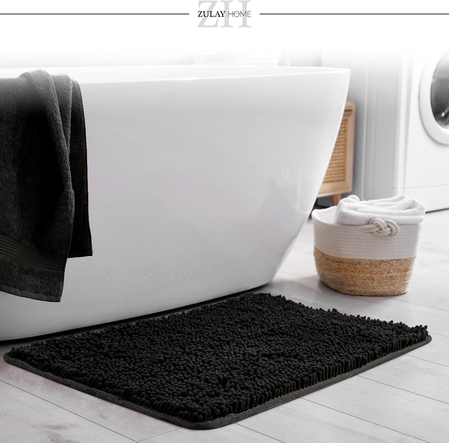 Soft Shaggy Bathroom Rug - Ultra Absorbent Bath Mat - Microfiber Thick Bath Rug for Bathroom, Under The Sink, Bedroom, Shower (Black, 20