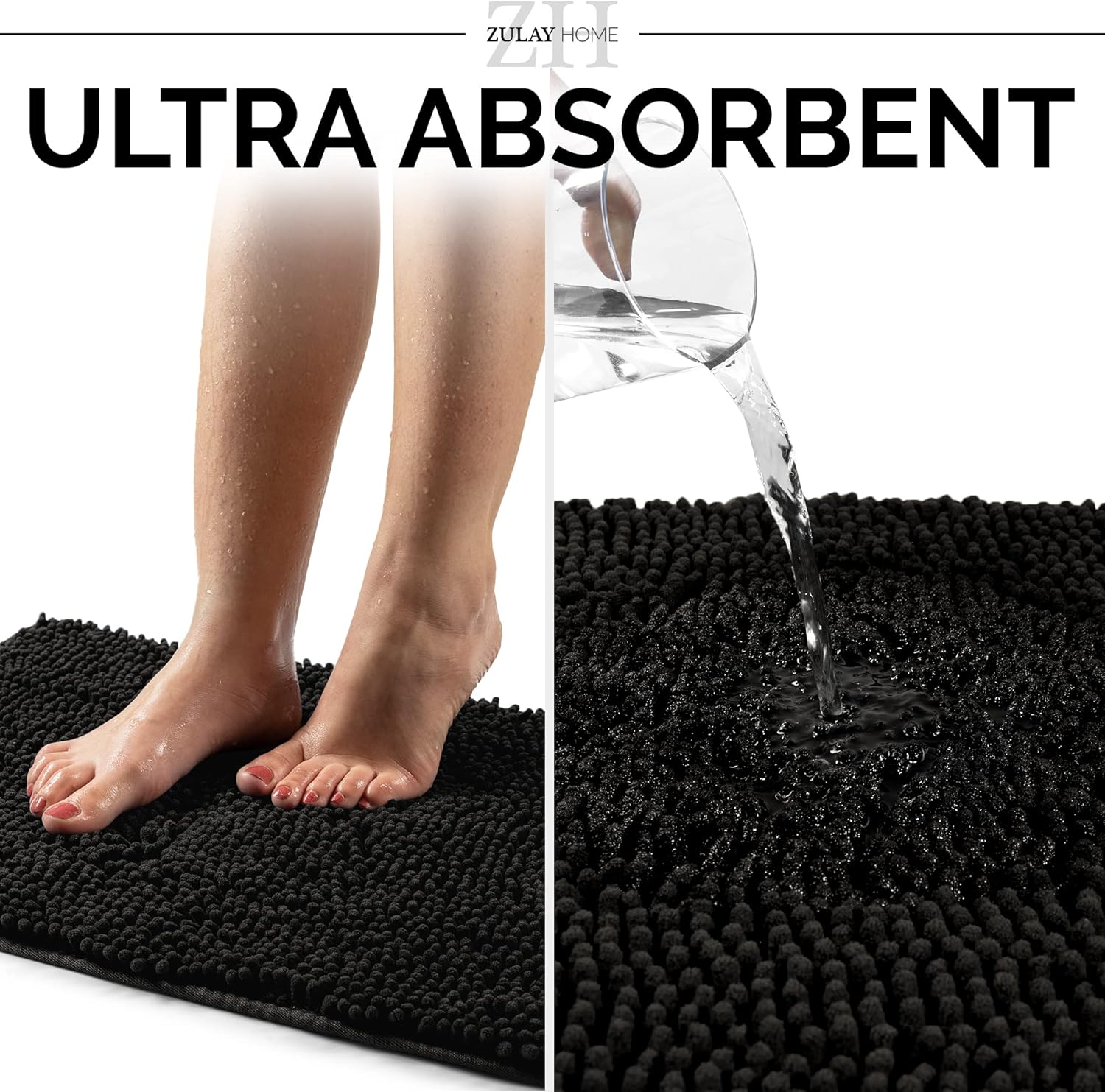 Soft Shaggy Bathroom Rug - Ultra Absorbent Bath Mat - Microfiber Thick Bath Rug for Bathroom, Under The Sink, Bedroom, Shower (Black, 20