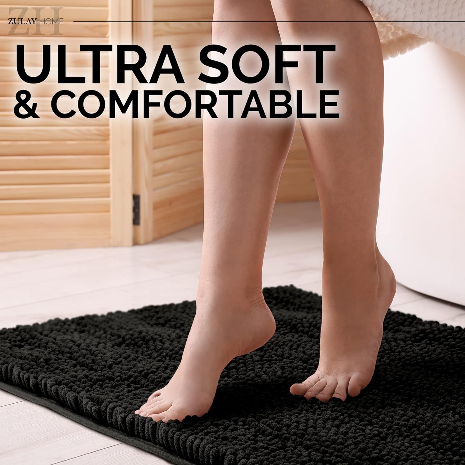 Soft Shaggy Bathroom Rug - Ultra Absorbent Bath Mat - Microfiber Thick Bath Rug for Bathroom, Under The Sink, Bedroom, Shower (Black, 20