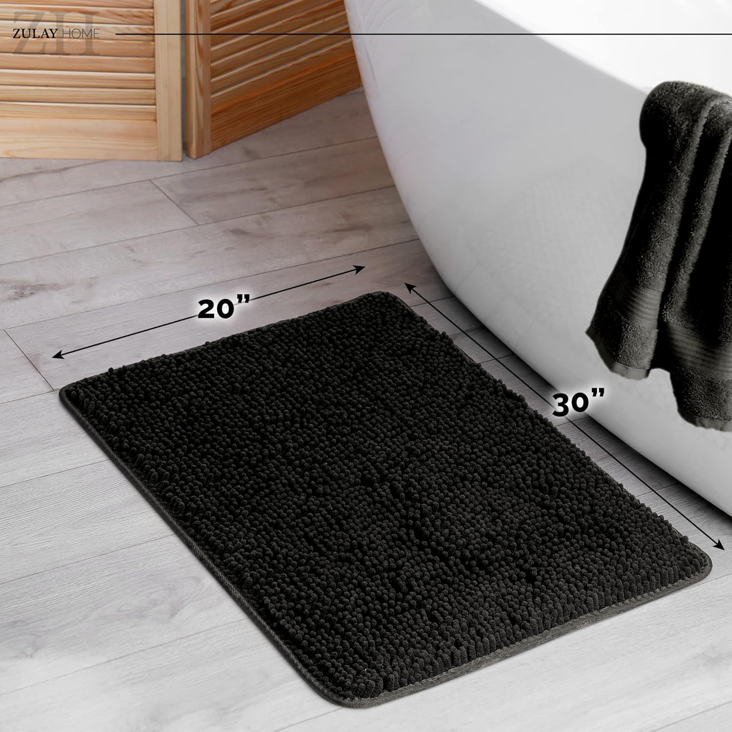Soft Shaggy Bathroom Rug - Ultra Absorbent Bath Mat - Microfiber Thick Bath Rug for Bathroom, Under The Sink, Bedroom, Shower (Black, 20