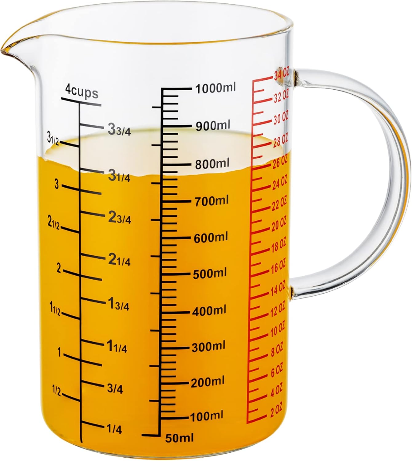 Glass Measuring Cup-[Insulated handle | V-Shaped Spout]-Made of High Borosilicate Glass Measuring Cup for Kitchen or Restaurant, Easy to Read, 1000 ML (32 Oz, 4 Cup) - Image 1
