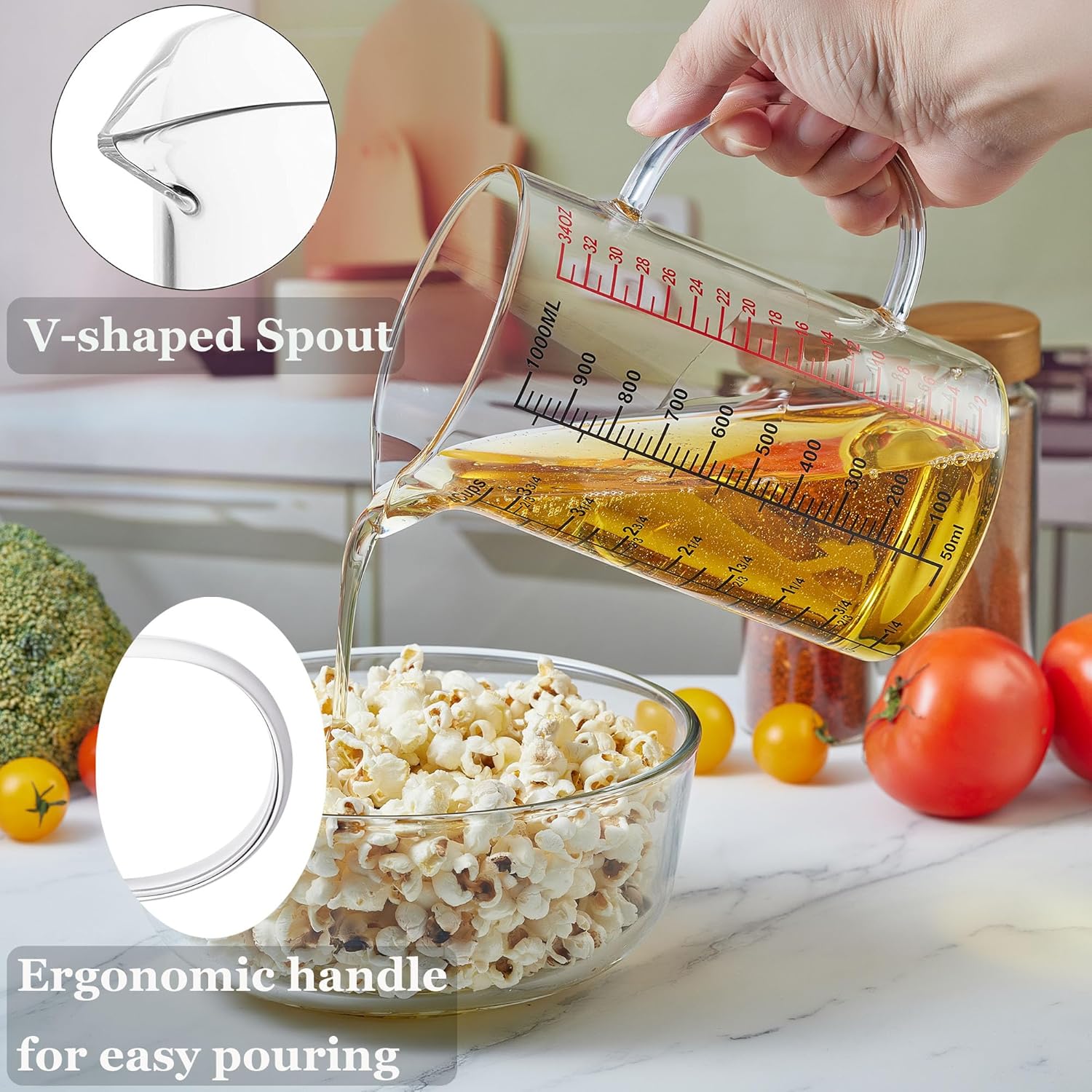 Glass Measuring Cup-[Insulated handle | V-Shaped Spout]-Made of High Borosilicate Glass Measuring Cup for Kitchen or Restaurant, Easy to Read, 1000 ML (32 Oz, 4 Cup) - Image 2