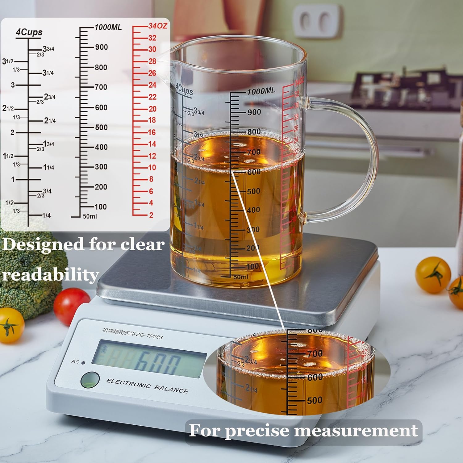 Glass Measuring Cup-[Insulated handle | V-Shaped Spout]-Made of High Borosilicate Glass Measuring Cup for Kitchen or Restaurant, Easy to Read, 1000 ML (32 Oz, 4 Cup) - Image 3
