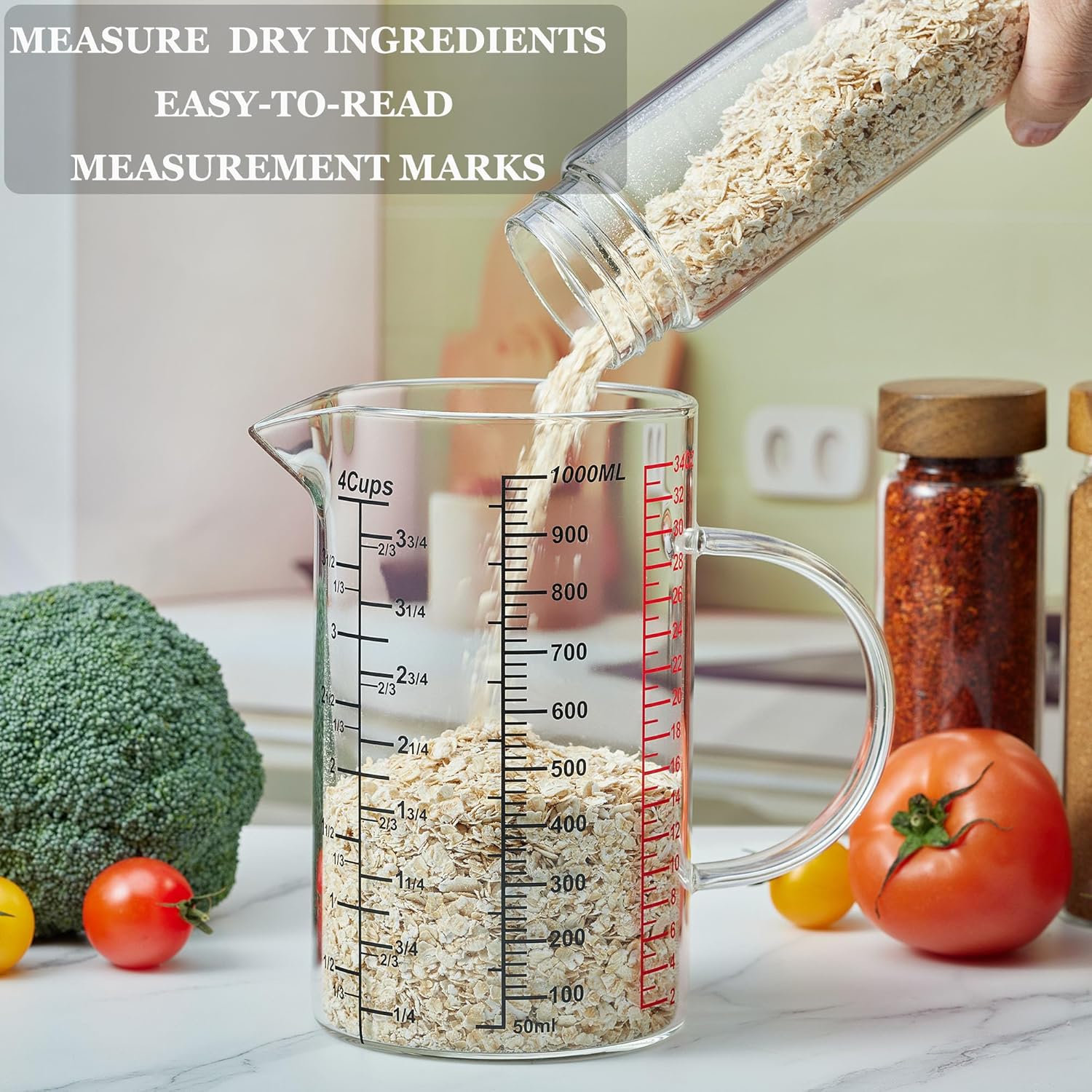 Glass Measuring Cup-[Insulated handle | V-Shaped Spout]-Made of High Borosilicate Glass Measuring Cup for Kitchen or Restaurant, Easy to Read, 1000 ML (32 Oz, 4 Cup) - Image 4