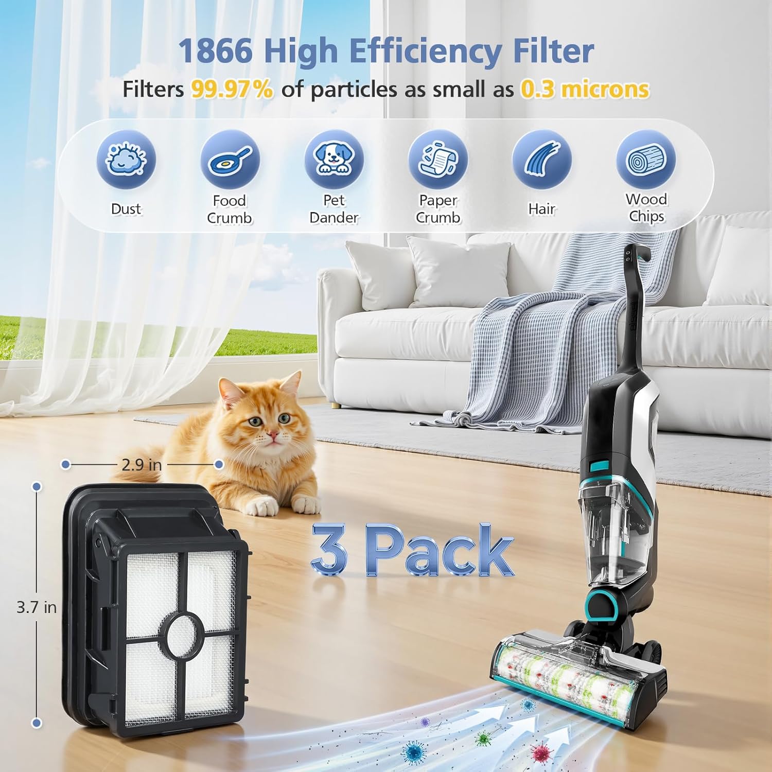 3 Pack Multi-Surface Pet Brush Rolls 2788 and Vacuum Filters 1866 Compatible with Bissell CrossWave Max 2554 2554A 2590 2593 2596, for HydroSteam 35151 3515 35152 3513 3518, Part 1618641&1608684 - Image 4