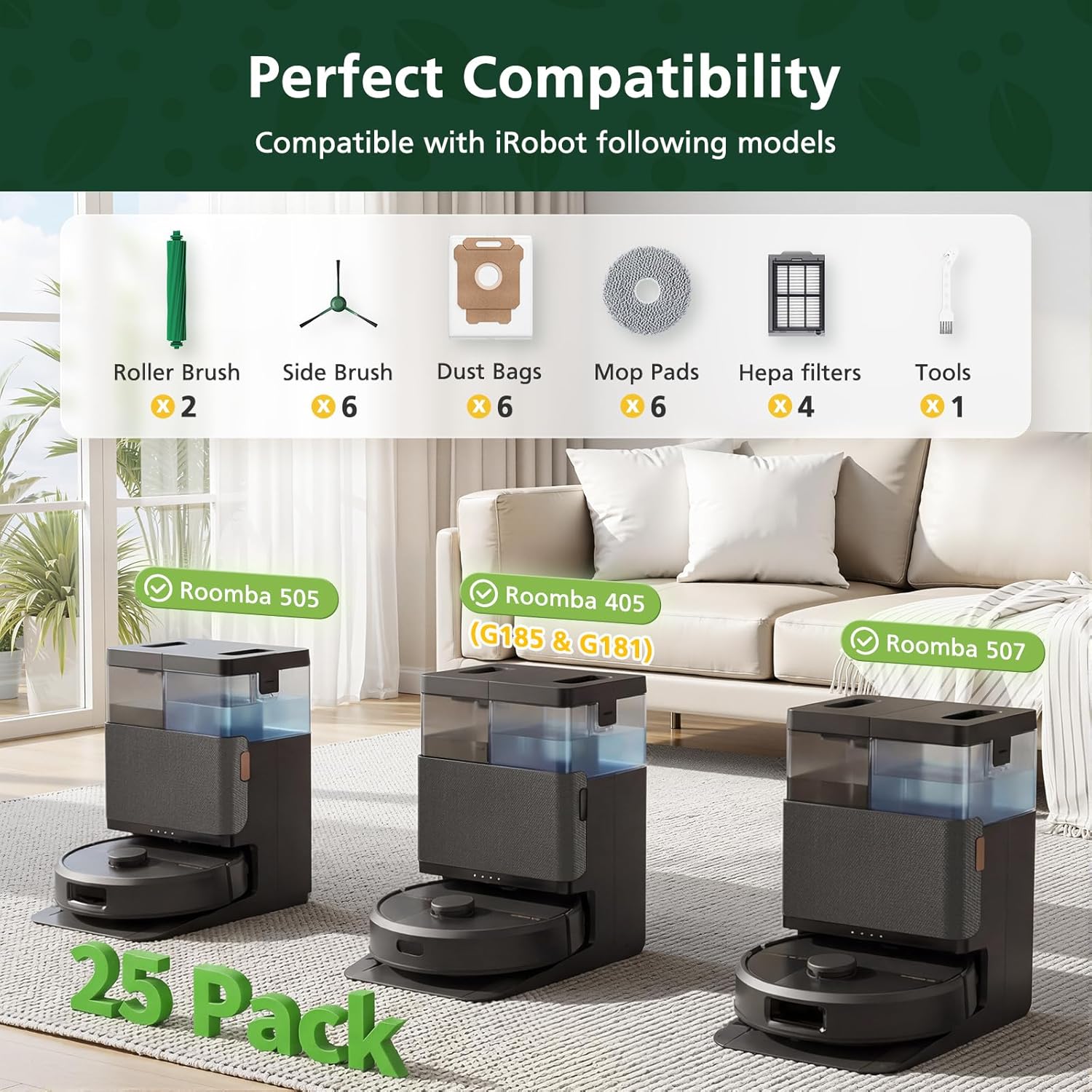 25 Pcs Replacement Parts Kit for iRobot Roomba Plus 405/505 / 507 Combo Robot Vacuum, Accessories Include 2 Main Brush, 6 Vacuum Bags, 4 Hepa Filters, 6 Mop Pads, 6 Side Brushes, 1 Cleaning Brush - Image 2