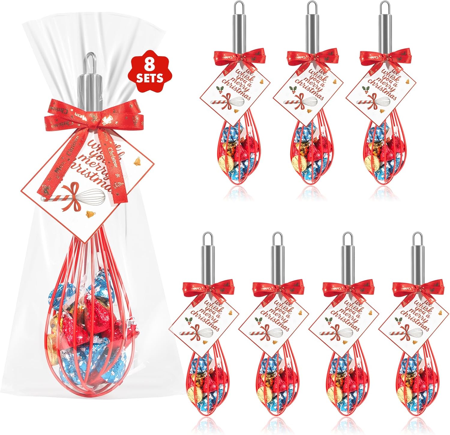 Christmas Whisk Gifts for Neighbors – 8 Sets 8“ Red Silicone Whisks with “We Whisk You a Merry Christmas” Cards, Gift Bags & Ribbons, Fun DIY Stocking Stuffers for Family, Friends, Teachers - Image 1