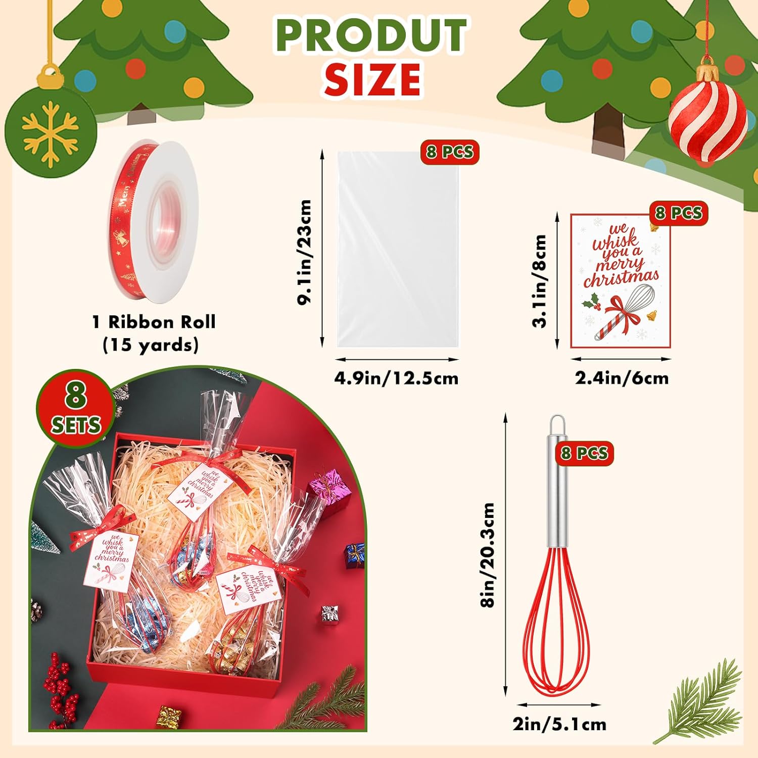 Christmas Whisk Gifts for Neighbors – 8 Sets 8“ Red Silicone Whisks with “We Whisk You a Merry Christmas” Cards, Gift Bags & Ribbons, Fun DIY Stocking Stuffers for Family, Friends, Teachers - Image 2