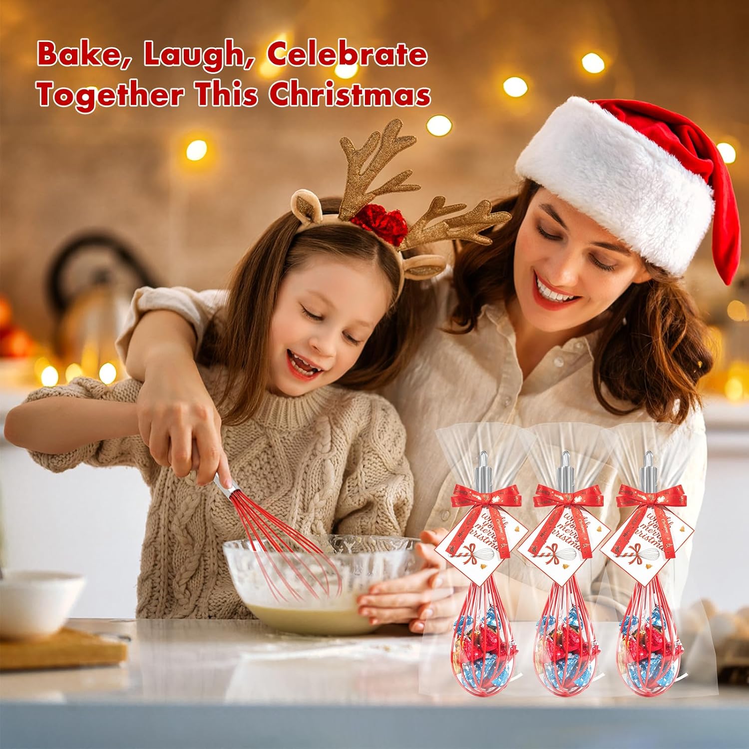 Christmas Whisk Gifts for Neighbors – 8 Sets 8“ Red Silicone Whisks with “We Whisk You a Merry Christmas” Cards, Gift Bags & Ribbons, Fun DIY Stocking Stuffers for Family, Friends, Teachers - Image 7