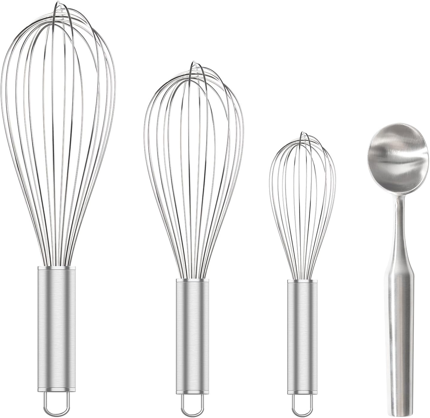304 Stainless Steel Whisk Set & Stainless Steel Ice Cream Scoop, 3 Pack Whisks and Heavy Duty Scoop for Kitchen Cooking and Dessert Making - Image 1