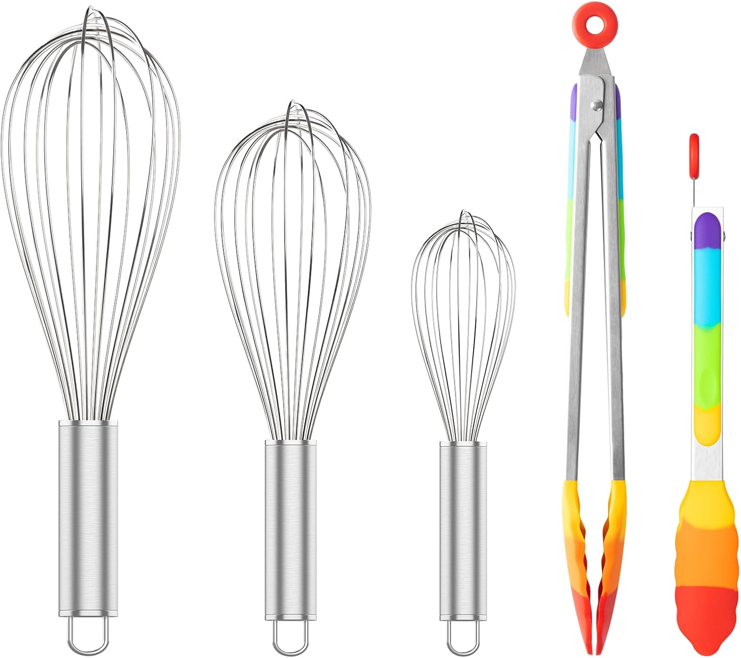 304 Stainless Steel Whisk Set & Rainbow Tongs Set, 3 Pack Metal Whisks and Silicone Tongs for Kitchen Cooking - Image 1
