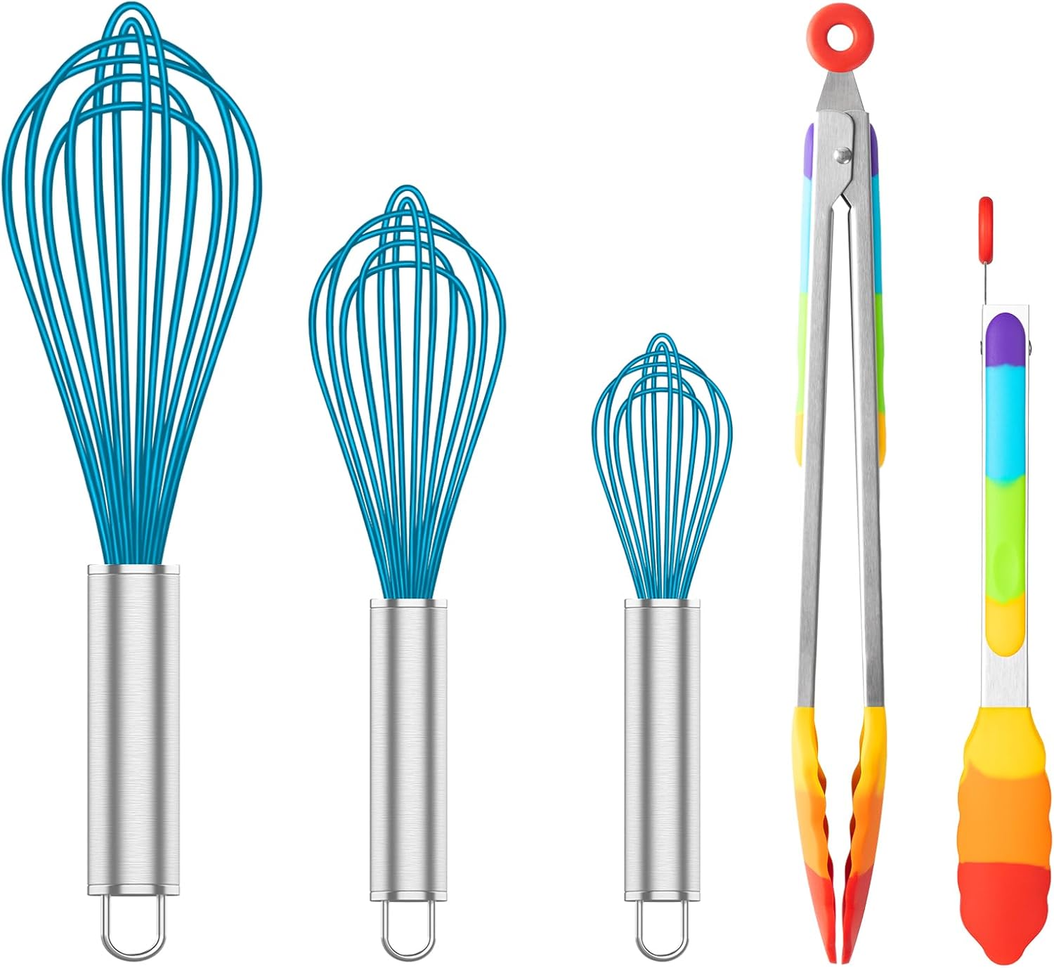 Silicone Whisk & Rainbow Kitchen Tongs Set, 304 Stainless Steel Tongs with Silicone Tips, 600F Heat Resistant, Blue - Image 1