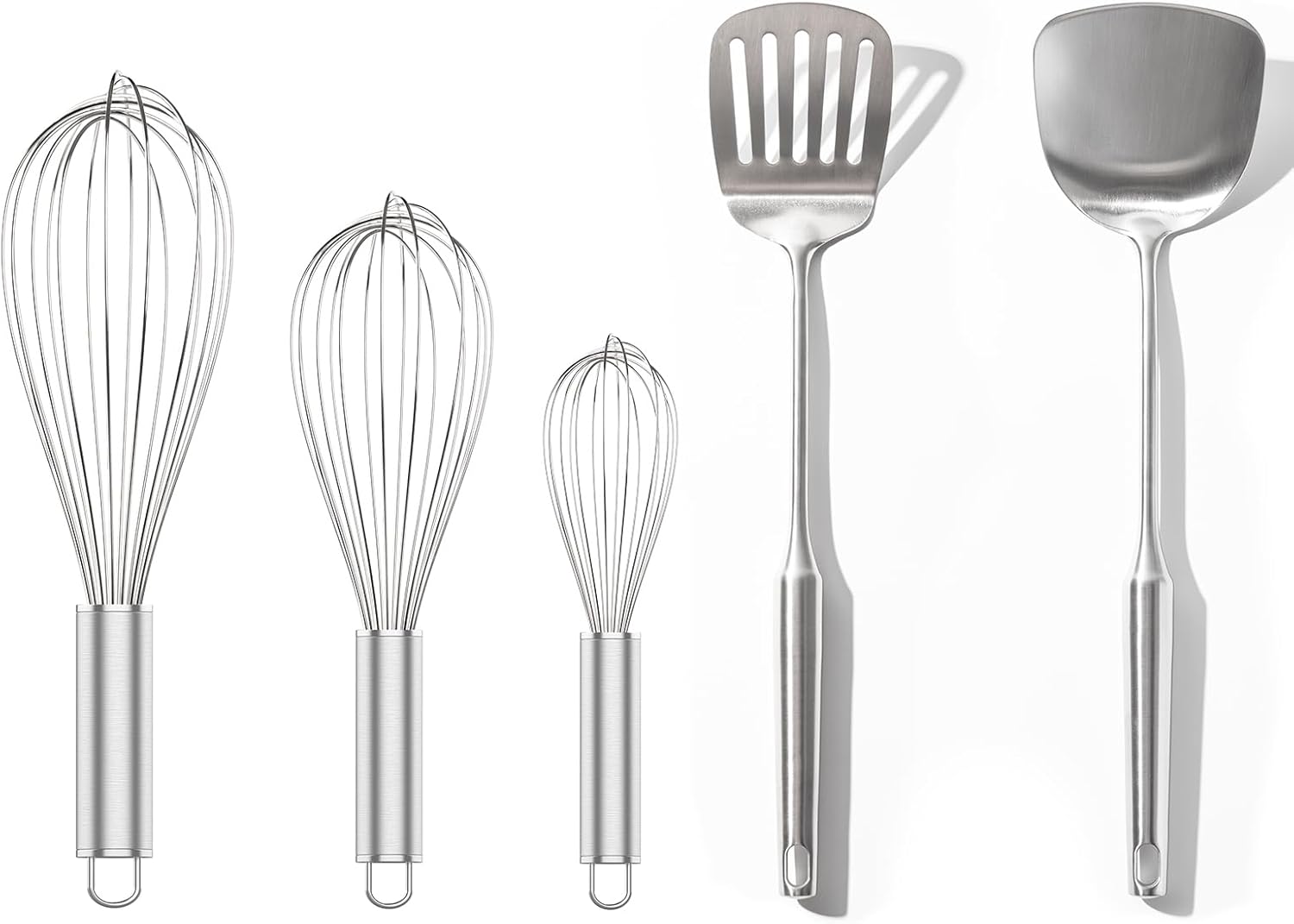 304 Stainless Steel Whisk Set & Wok Spatula, 3 Pack Whisks and Stainless Steel Spatula for Kitchen Cooking, Blending, Beating, Stirring - Image 1