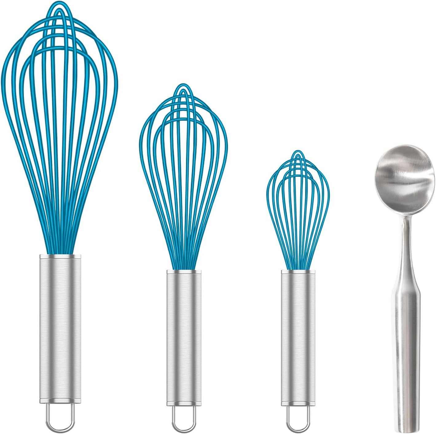 Silicone Whisk & Stainless Steel Ice Cream Scoop Set, Blue Silicone Whisk for Cooking & Heavy Duty Ice Cream Scooper, Dishwasher Safe - Image 1
