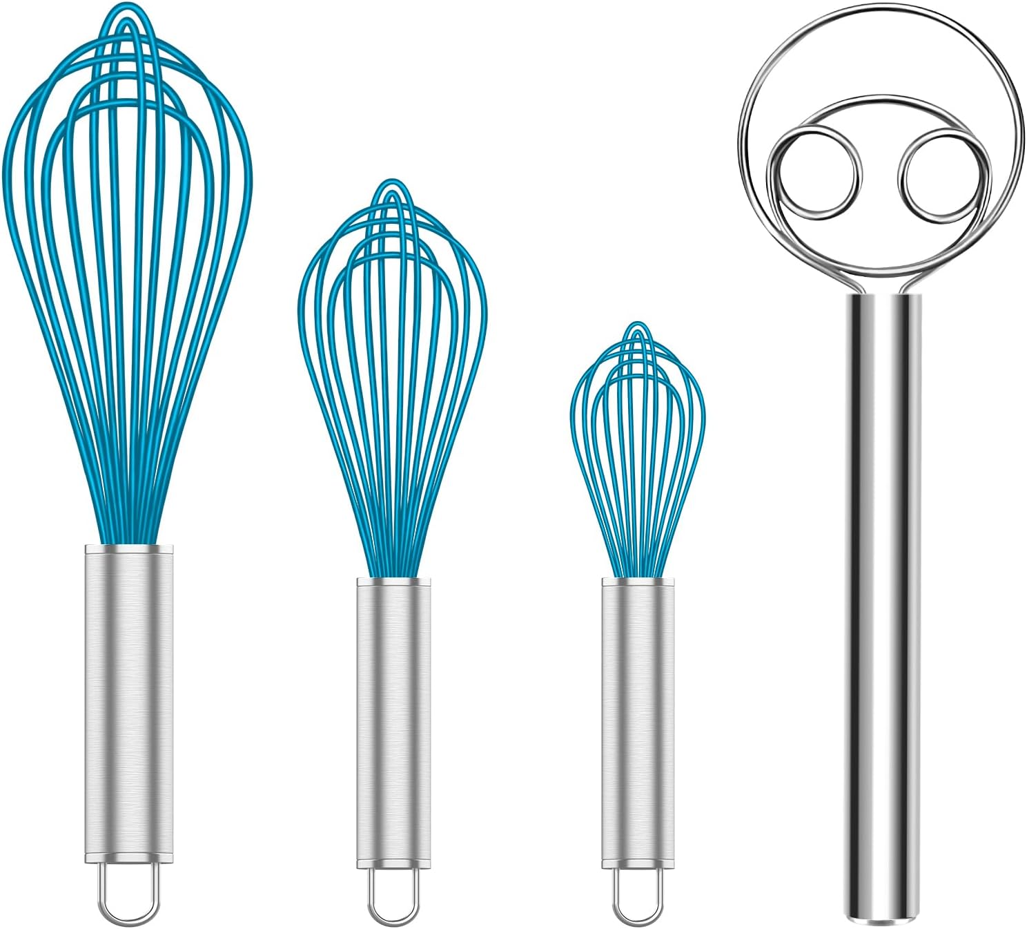 Silicone Whisk & Danish Dough Whisk Set, 4-Piece Silicone Whisks & 9-Inch Dough Whisk for Cooking, Baking, and Mixing - Image 1