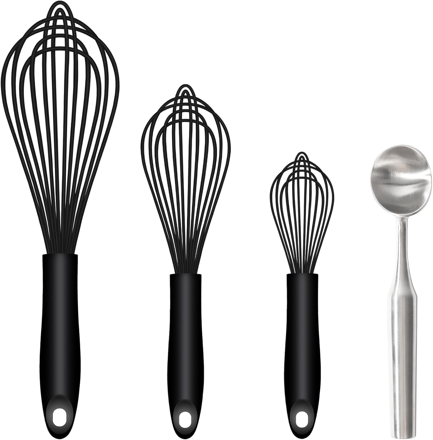 Silicone Whisk & Stainless Steel Ice Cream Scoop Set, Kitchen Essentials for Cooking and Desserts - Image 1