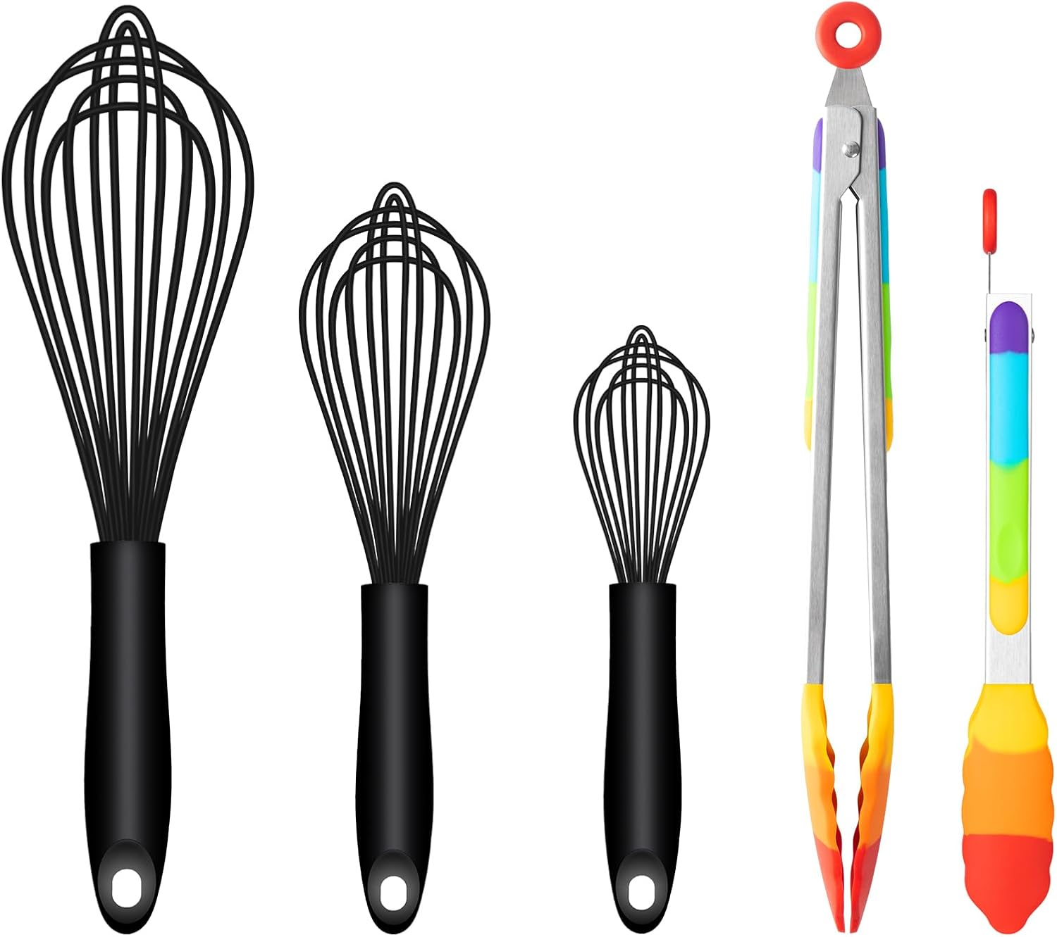 Silicone Whisk & Rainbow Tongs Set, Heat-Resistant Kitchen Tools for Cooking and Serving - Image 1