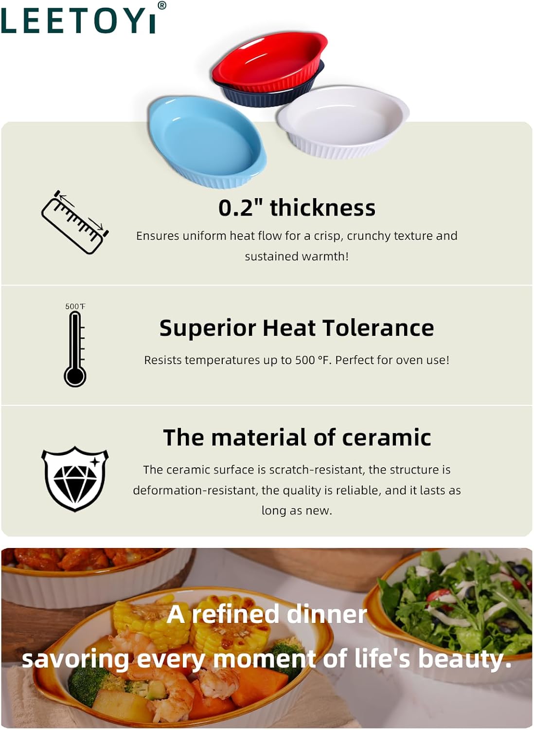 Porcelain Small Oval Au Gratin Pans, Baking Dish Set for 1 or 2 person servings, Bakeware with Double Handle for Kitchen and Home, Set of 2 (White) - Image 6