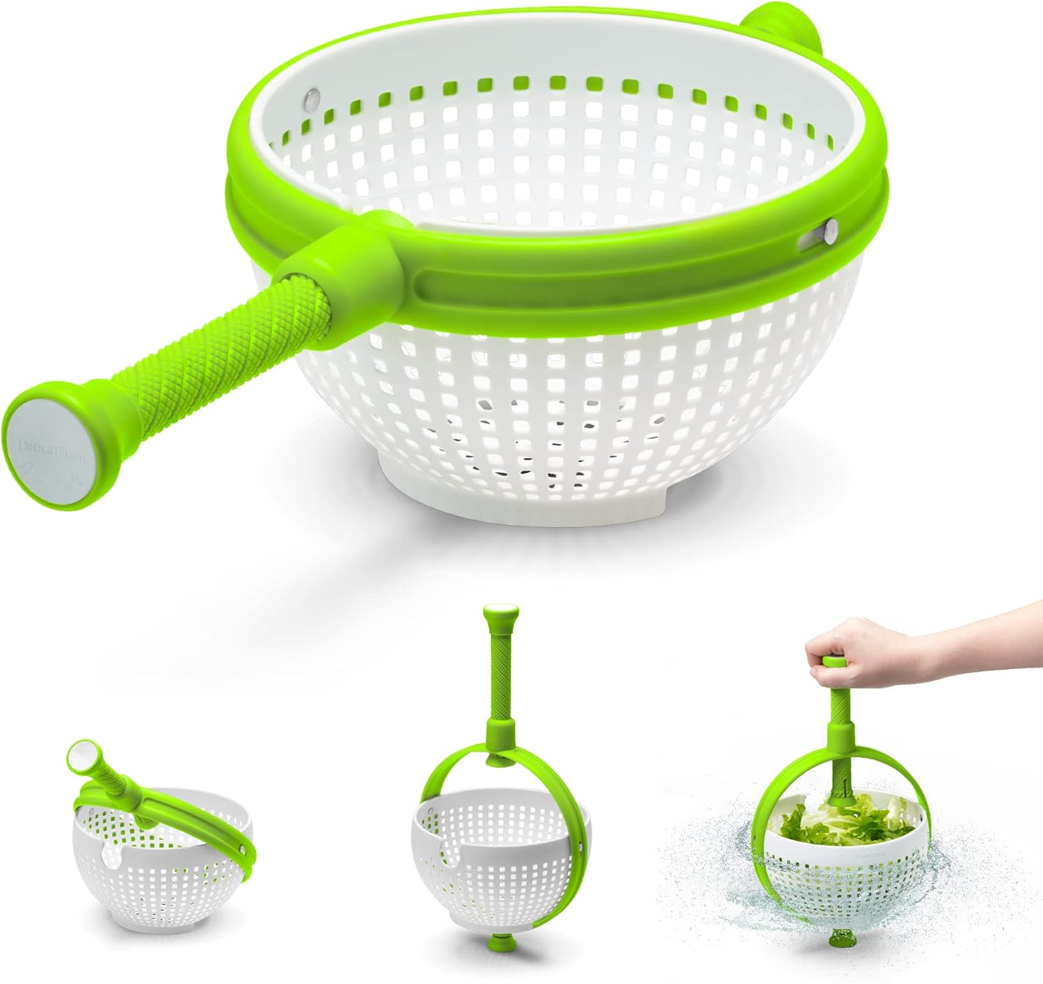 Spina 2-In-1 Easy-To-Use, Collapsible Salad Spinner & Straining Colander for Salad, Fruit, Vegetable, Lettuce - White/Green - Image 3
