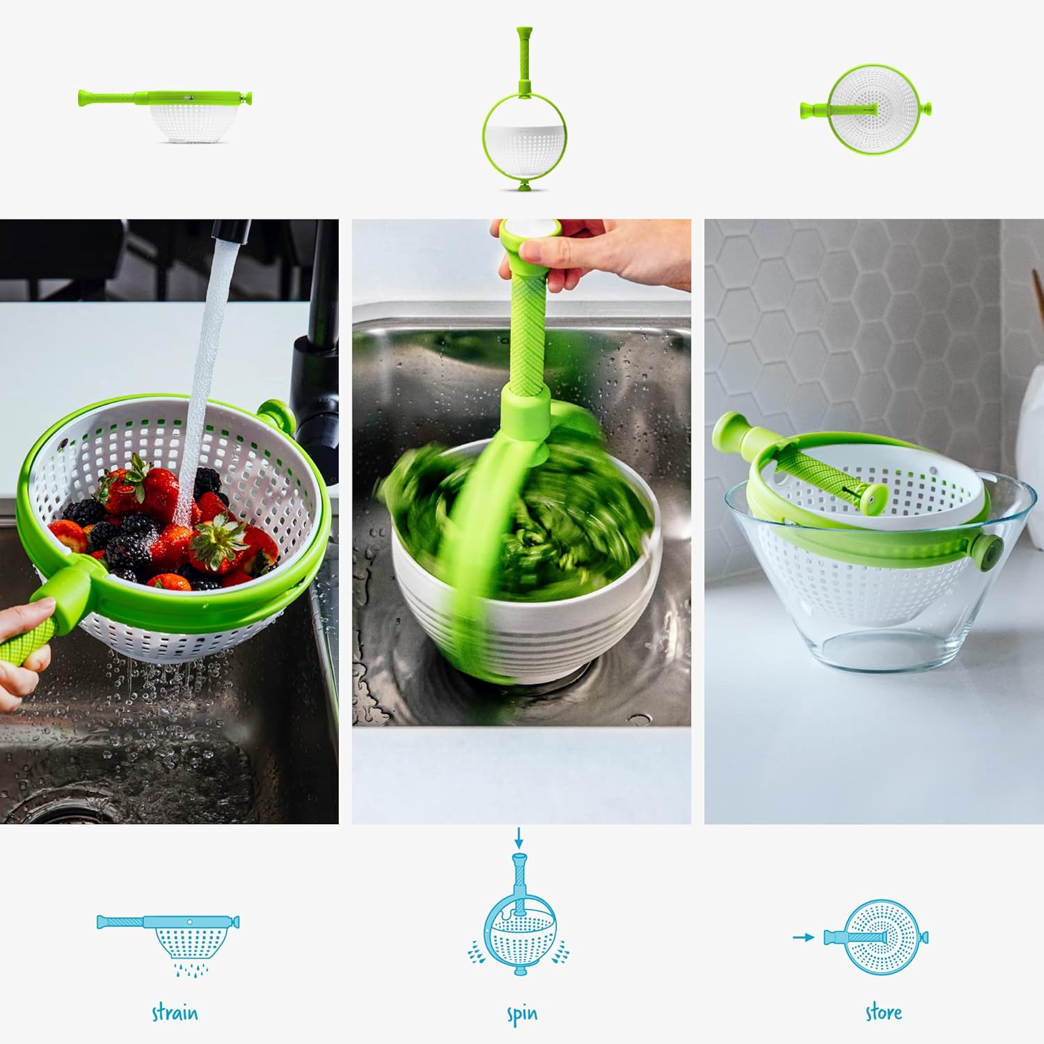 Spina 2-In-1 Easy-To-Use, Collapsible Salad Spinner & Straining Colander for Salad, Fruit, Vegetable, Lettuce - White/Green - Image 5