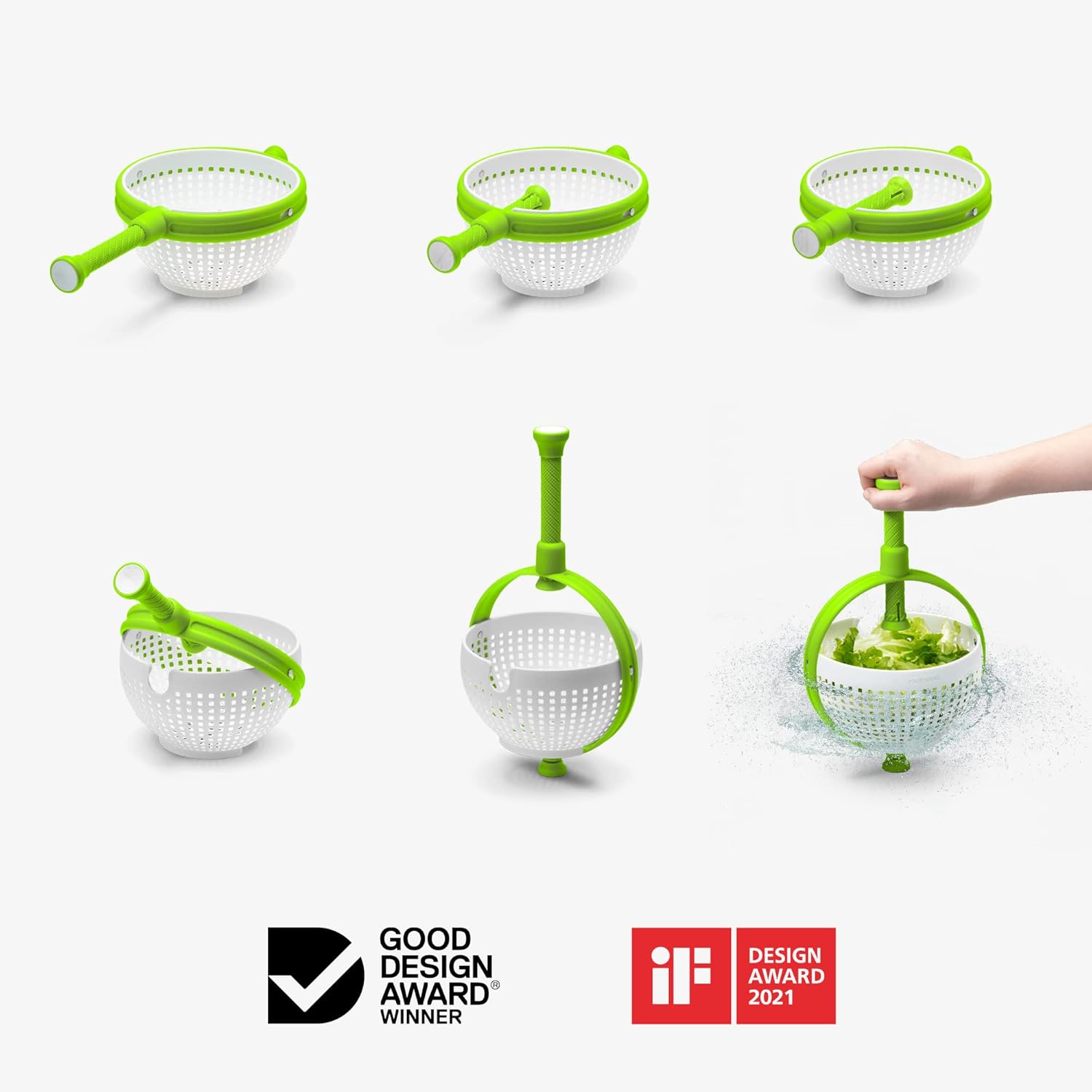 Spina 2-In-1 Easy-To-Use, Collapsible Salad Spinner & Straining Colander for Salad, Fruit, Vegetable, Lettuce - White/Green - Image 6