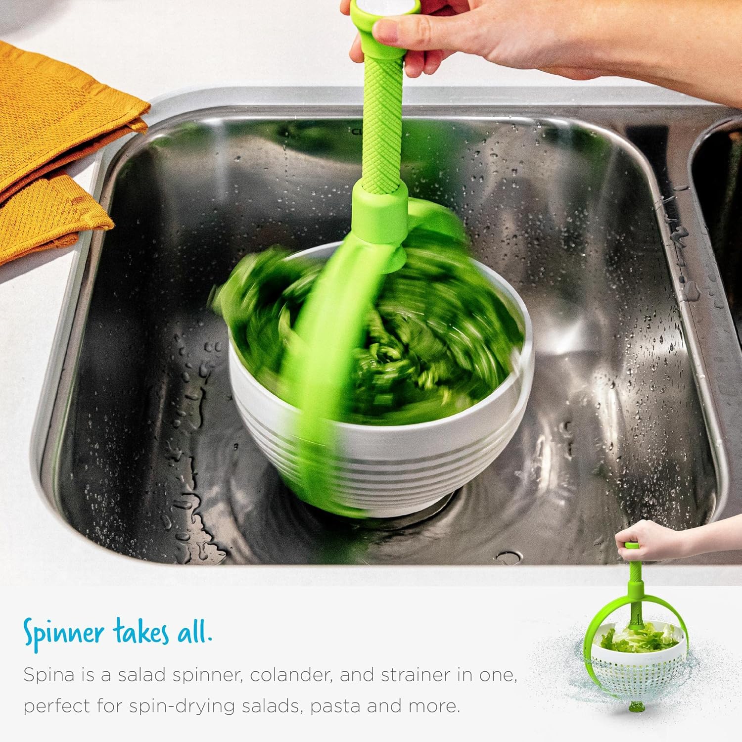 Spina 2-In-1 Easy-To-Use, Collapsible Salad Spinner & Straining Colander for Salad, Fruit, Vegetable, Lettuce - White/Green - Image 7