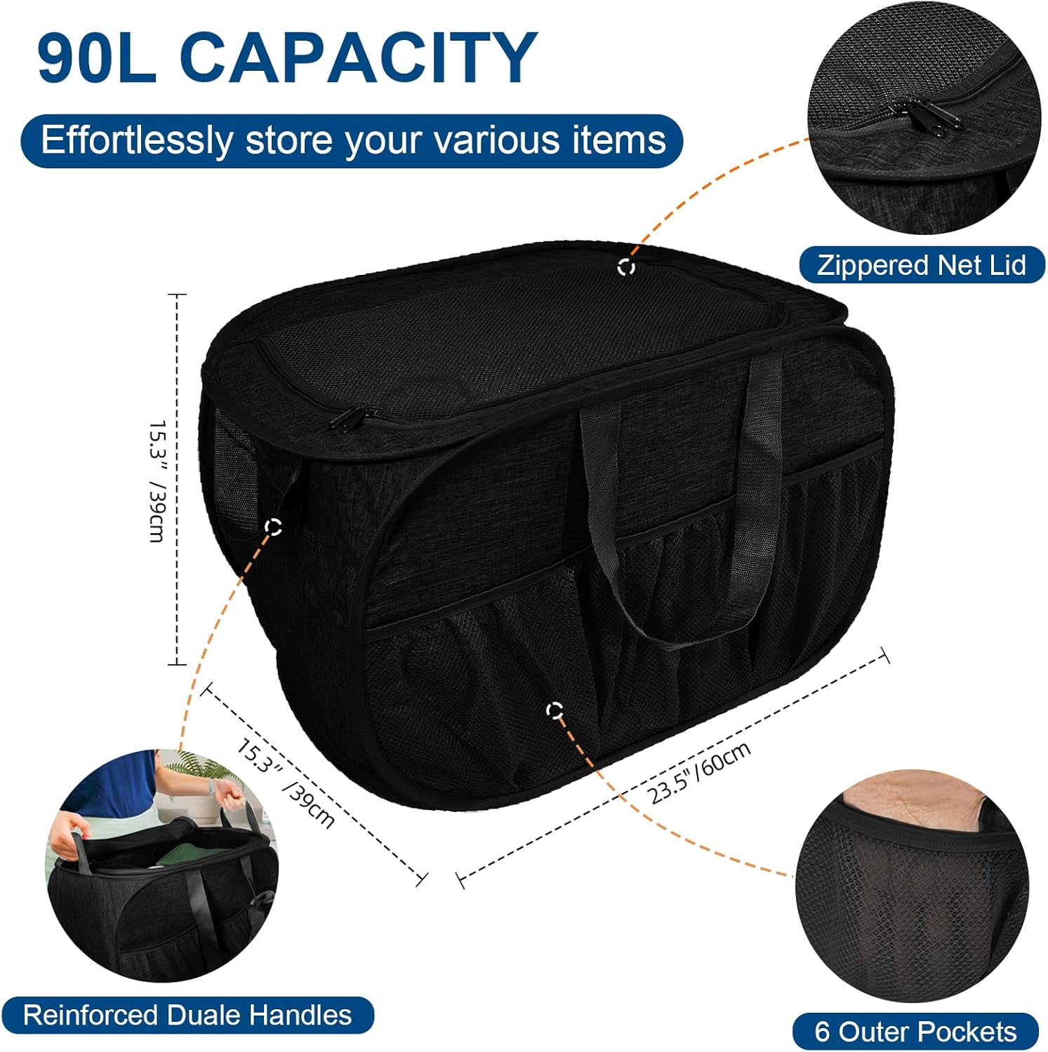 Collapsible Laundry Baskets, Tear Proof Pop Up Laundry Hamper with Lid, Dual Handles Durable Foldable Laundry Basket, Easy to Carry Laundry Hamper for Home, Laundry Room, Bedroom, Dorm, Travel Black - Image 3