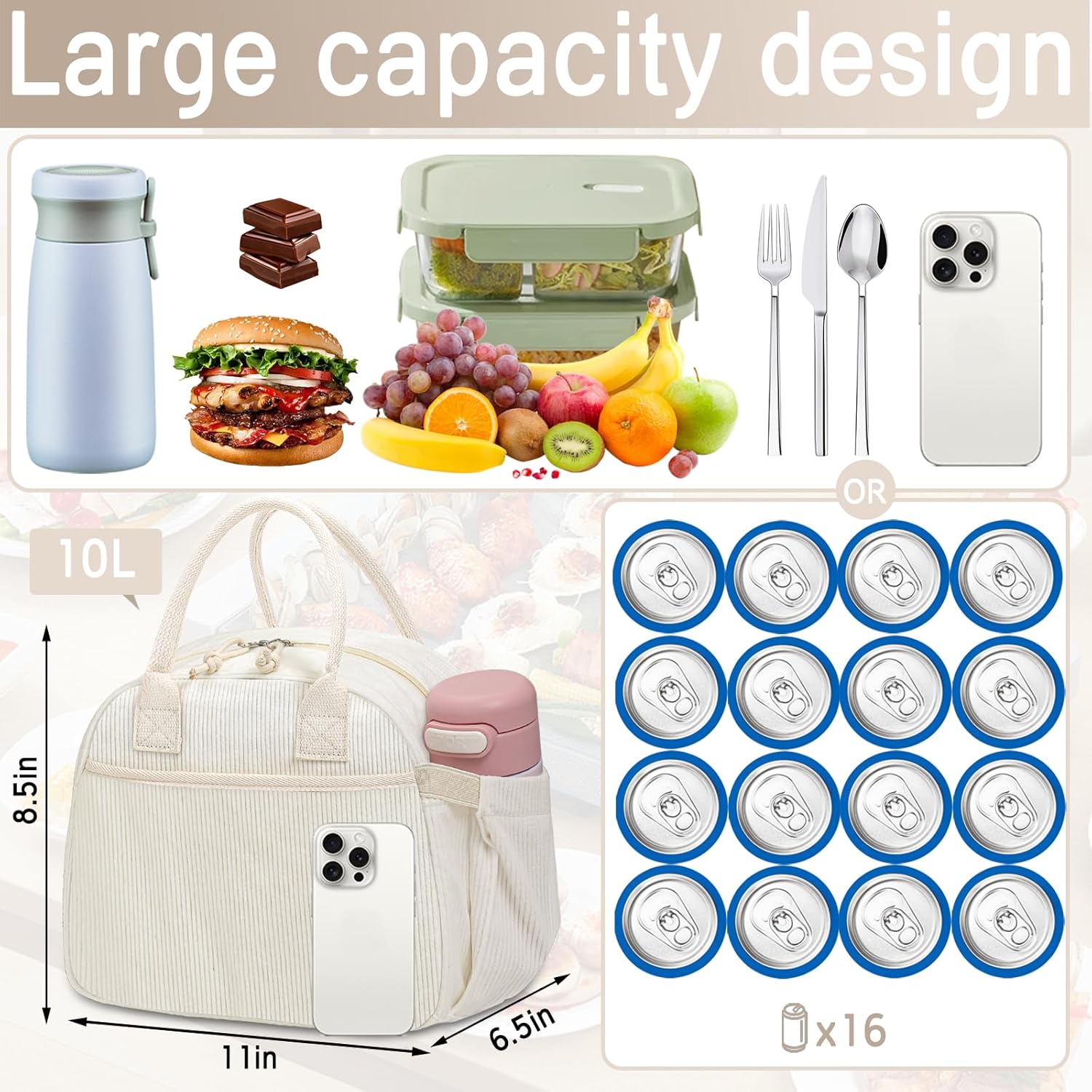Lunch Box for Women, Insulated Lunch Bag Cute Corduroy Lunchbox Reusable Tote Bags for Work (beige corduroy) - Image 2