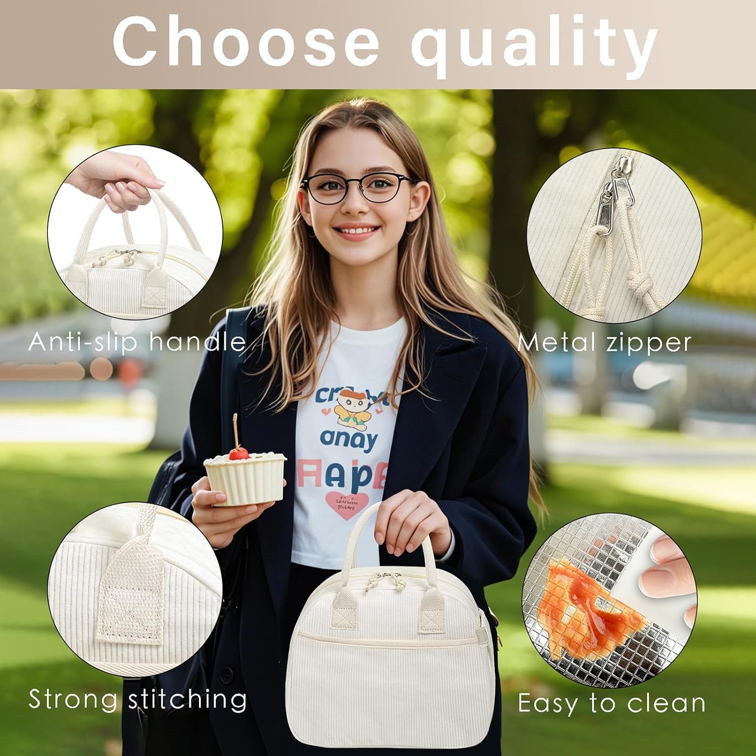 Lunch Box for Women, Insulated Lunch Bag Cute Corduroy Lunchbox Reusable Tote Bags for Work (beige corduroy) - Image 3