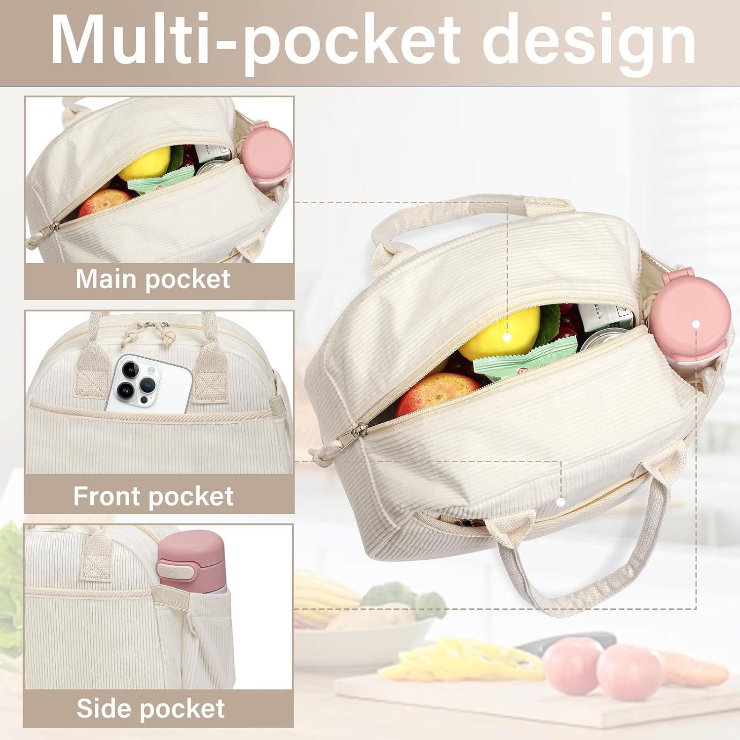 Lunch Box for Women, Insulated Lunch Bag Cute Corduroy Lunchbox Reusable Tote Bags for Work (beige corduroy) - Image 5