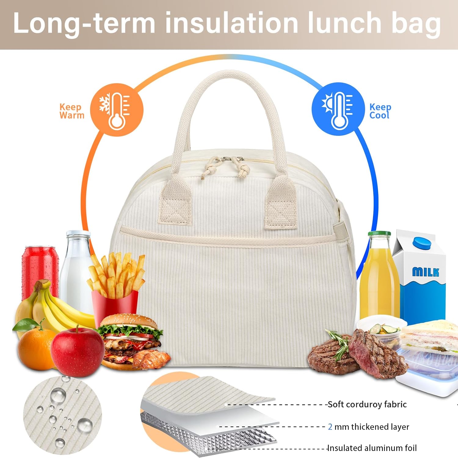 Lunch Box for Women, Insulated Lunch Bag Cute Corduroy Lunchbox Reusable Tote Bags for Work (beige corduroy) - Image 8