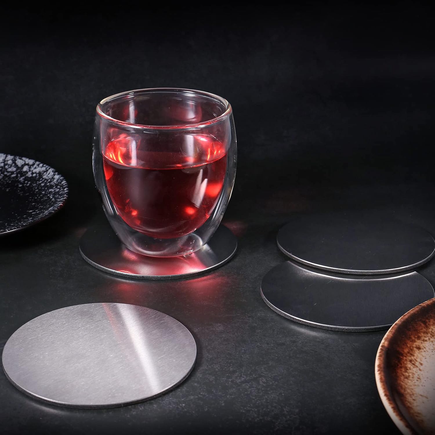 Cup Coasters,  Cup Coasters Set with Decorative Rack, Stainless Steel Tabletop Display Round Cup Coaster with Holder, Silver, Set of 4 - Image 2