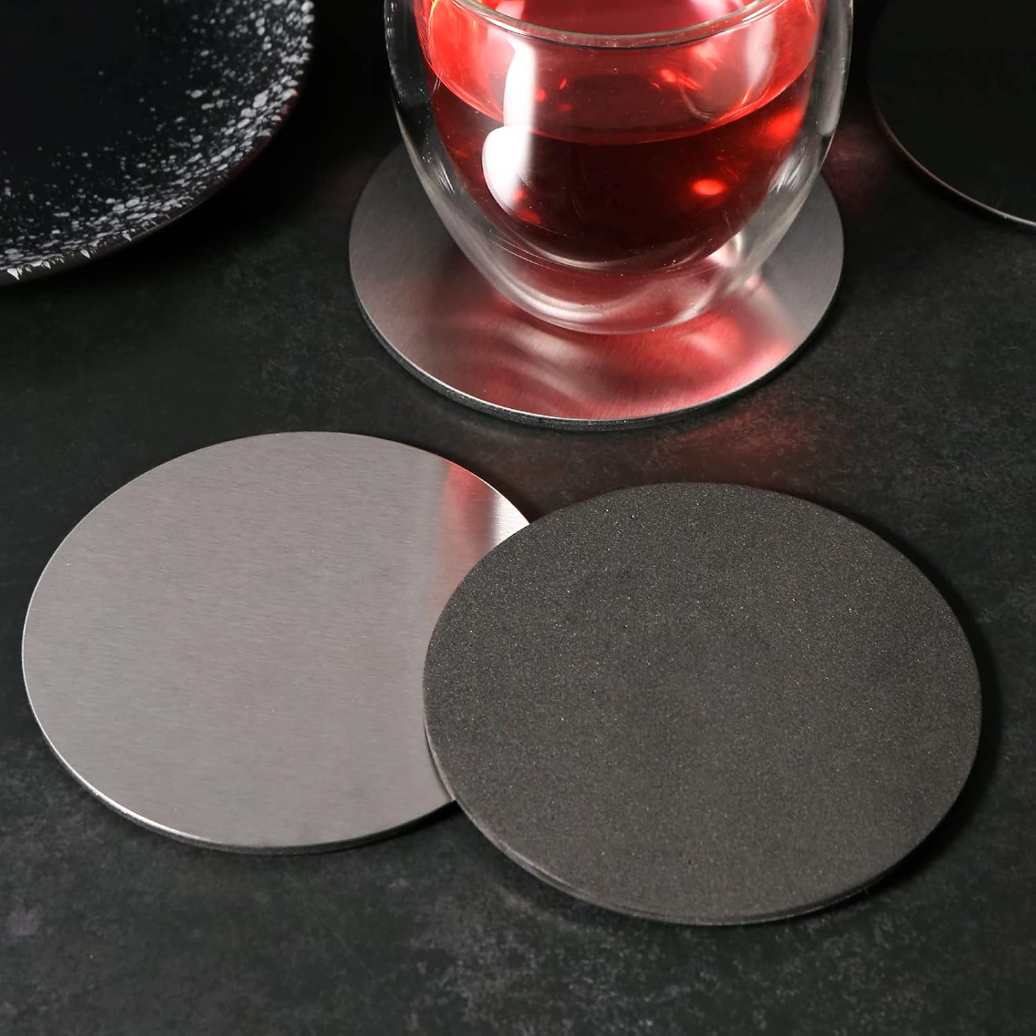 Cup Coasters,  Cup Coasters Set with Decorative Rack, Stainless Steel Tabletop Display Round Cup Coaster with Holder, Silver, Set of 4 - Image 3