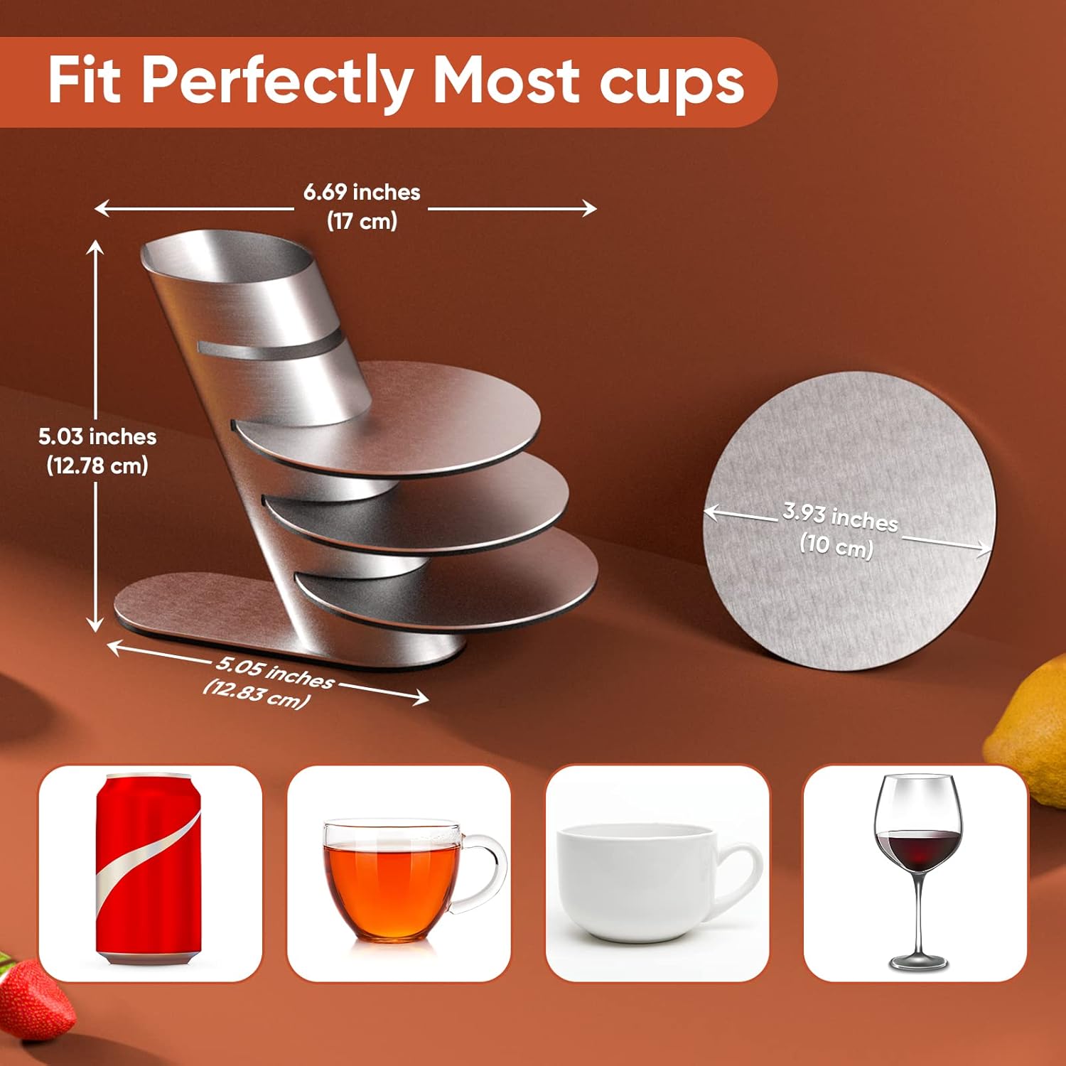 Cup Coasters,  Cup Coasters Set with Decorative Rack, Stainless Steel Tabletop Display Round Cup Coaster with Holder, Silver, Set of 4 - Image 5