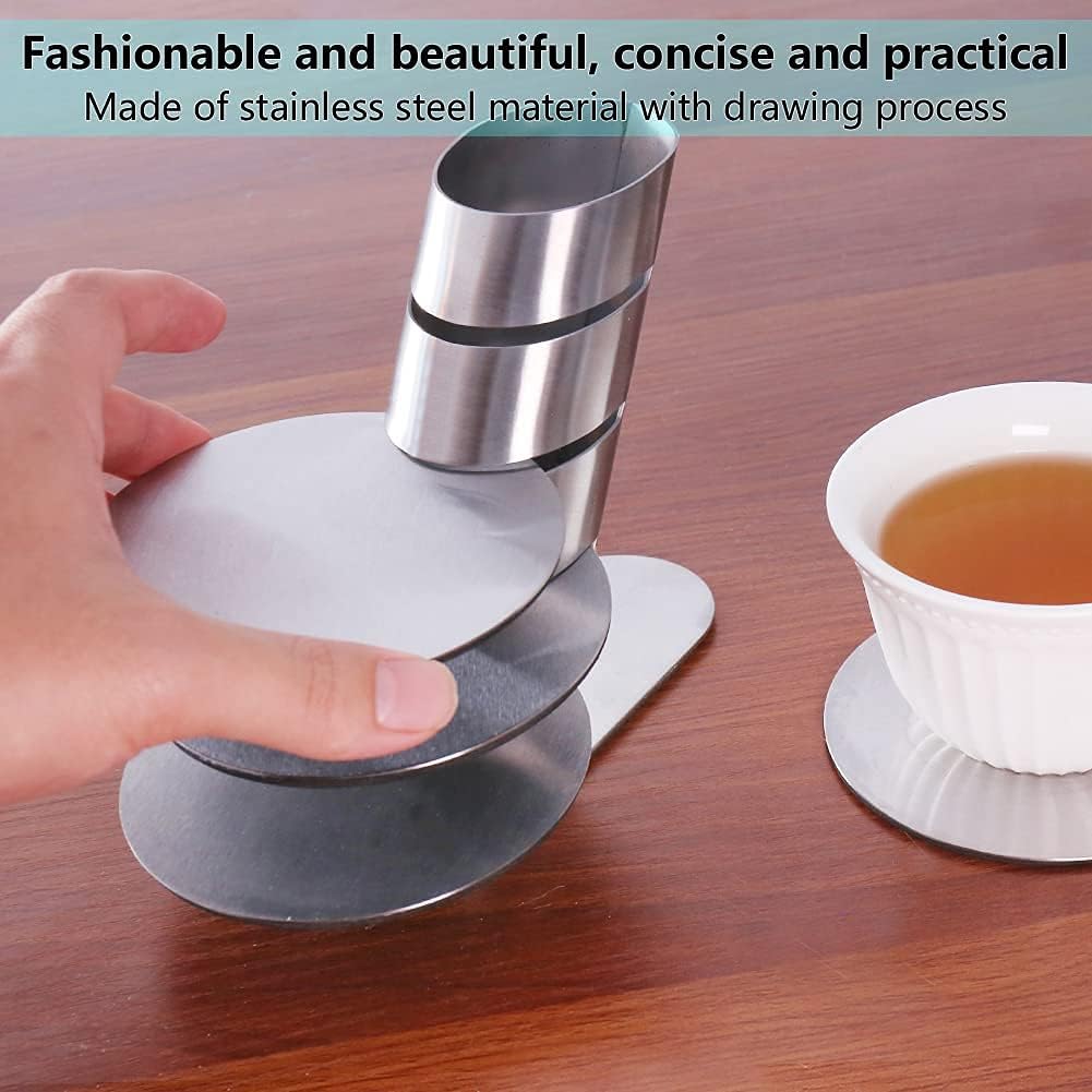 Cup Coasters,  Cup Coasters Set with Decorative Rack, Stainless Steel Tabletop Display Round Cup Coaster with Holder, Silver, Set of 4 - Image 6