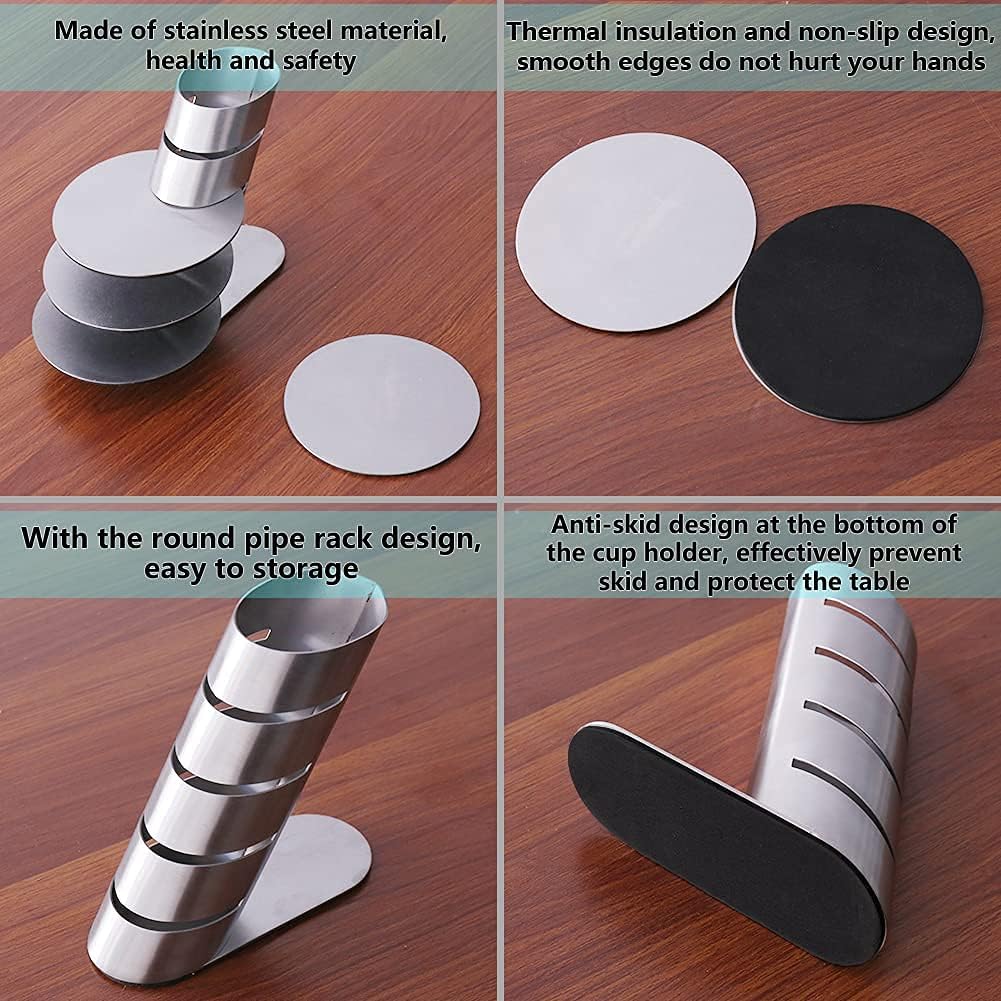 Cup Coasters,  Cup Coasters Set with Decorative Rack, Stainless Steel Tabletop Display Round Cup Coaster with Holder, Silver, Set of 4 - Image 7