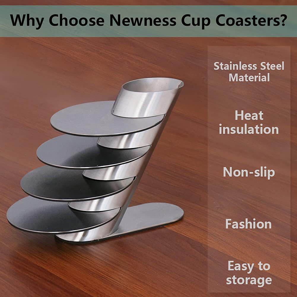 Cup Coasters,  Cup Coasters Set with Decorative Rack, Stainless Steel Tabletop Display Round Cup Coaster with Holder, Silver, Set of 4 - Image 8