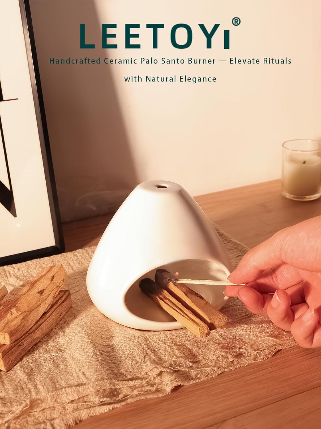 Ceramic Palo Santo Holder - Modern Incense Burner for Meditation,Yoga and Energy Cleansing - Wood Sticks Dish, Cone Burner - Inspired Home Decor Gift (White) - Image 2