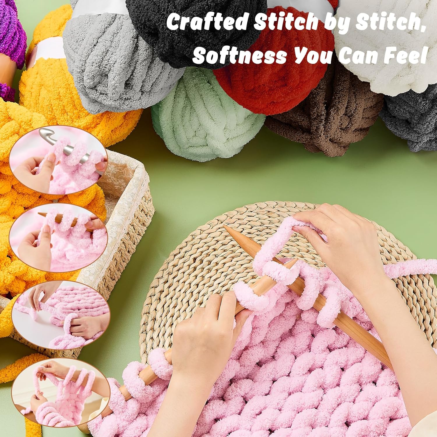 8 Pack Chunky Chenille Yarn for Crocheting– 30.6 Yards, 7.7oz, Super Bulky, Soft Fluffy Plush Yarn for Hand or Arm Knitting– Ideal for Blankets, Crafts & DIY Projects (Light Pink) - Image 2