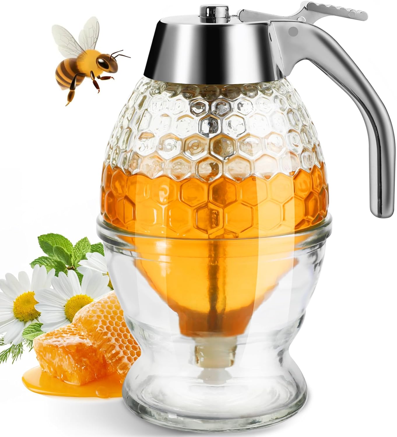Honey Dispenser, Glass Honey Dispenser No Drip, Honey Pot with Stand, 8 oz Honey Jar, Maple Syrup Honey Container, Elegant Honeycomb Design for Home Decor for Any Occasion - Image 1