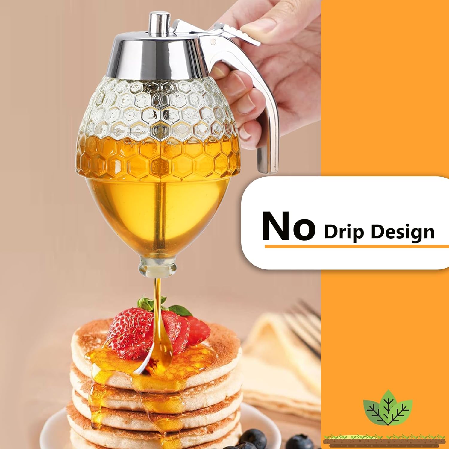 Honey Dispenser, Glass Honey Dispenser No Drip, Honey Pot with Stand, 8 oz Honey Jar, Maple Syrup Honey Container, Elegant Honeycomb Design for Home Decor for Any Occasion - Image 2